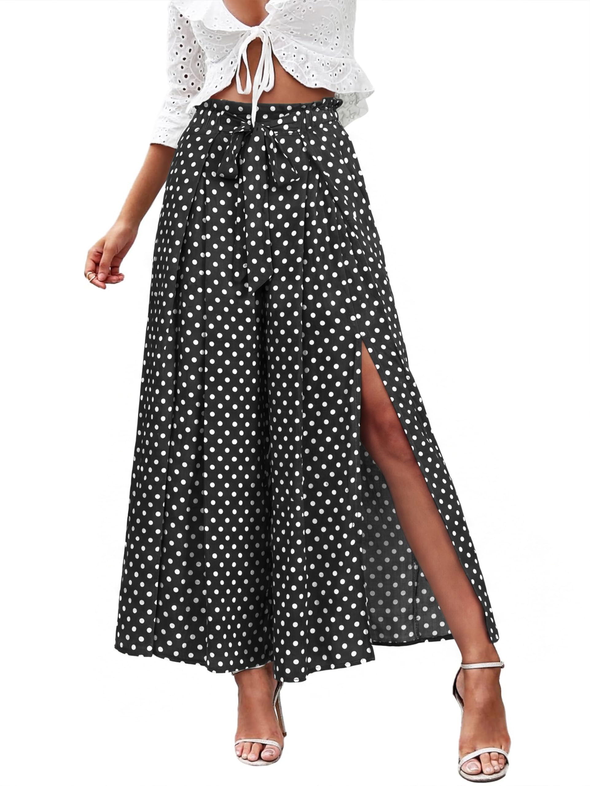 Simplee Womens Casual Split Wide Leg Pants High Waist Palazzo Flowy Beach Pants Summer Boho Lounge Pants with