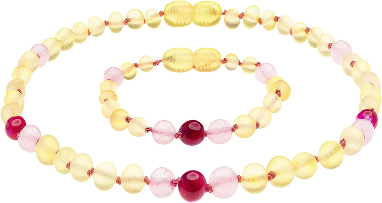 Genuine Amber Necklace and Bracelet from Baltic Sea Made with Unpolished Lemon Rose Quartz and Red Agate 34 cm (13.4 & 5.9 Inches)
