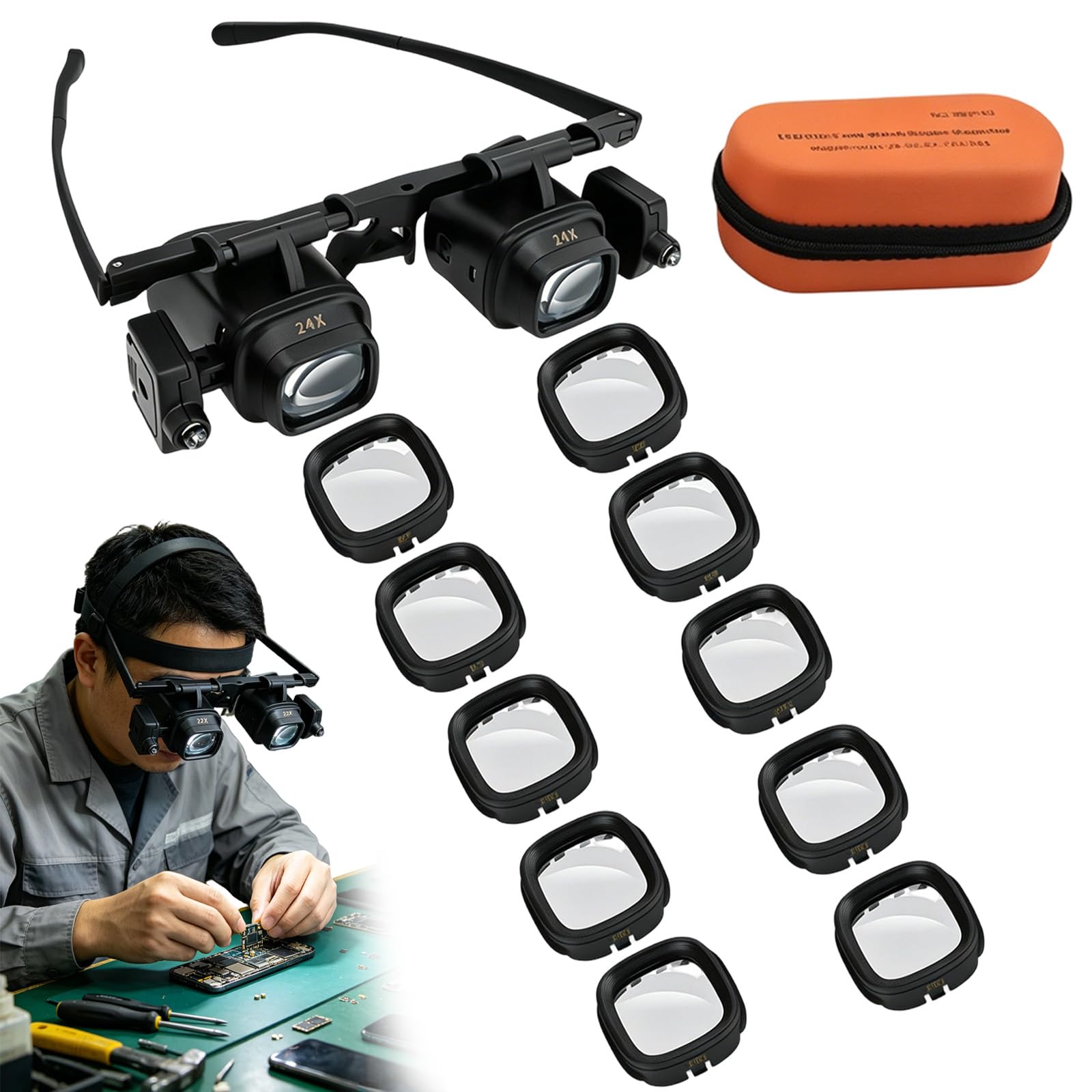 Precision Led Magnifier For Electronics & Crafts,Head Magnifying Glass With Light, 2x-24x Zoom, Hands-Free, Perfect For Soldering, Watch Repair Miniature Painting (2x/6x/8x/12x/24x lenses)