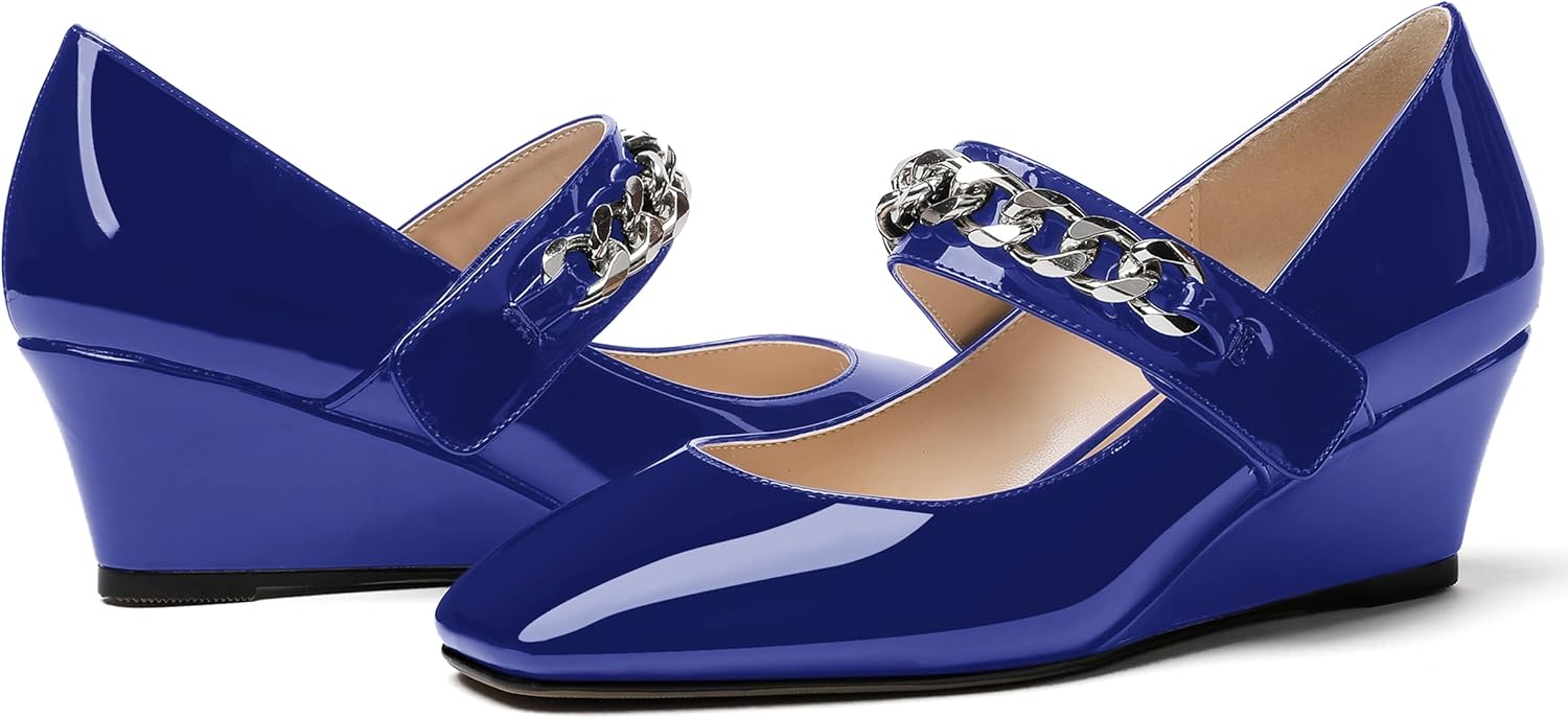WAYDERNS Women's Slip-on Patent Lace Up Metal Chain Square Toe Mary Jane Wedge Low Heel Pumps Shoes 2 Inch