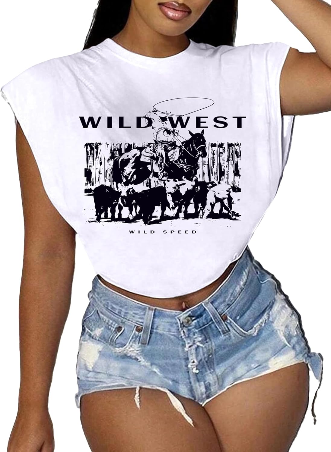 LovelyWholesale Womens Cropped Graphic Tees Cap Sleeve Tops Summer Short Sleeve T Shirts