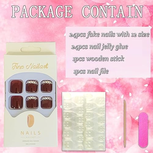 Miniatura 268 de Uñas postizas a presión con diseños de diamantes de imitación, uñas postizas reutilizables de cobertura completa con pestaña adhesiva, uñas postizas