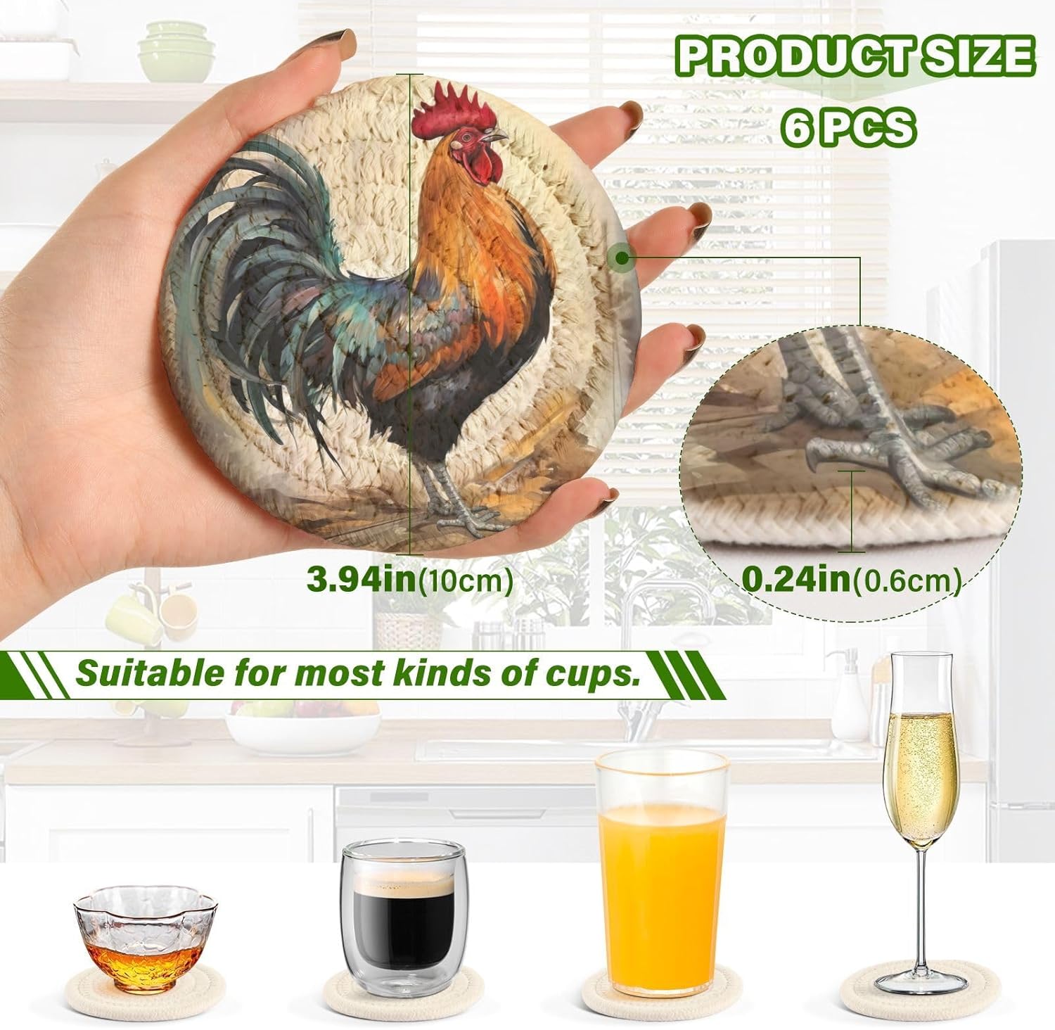 Retro Style Farmhouse Rooster Cotton Cup Coasters with Holder Absorbent Drink Coasters Set for CoffeeTabletop Protection Housewarming Gift Home Decor 6 Pcs - Image 3