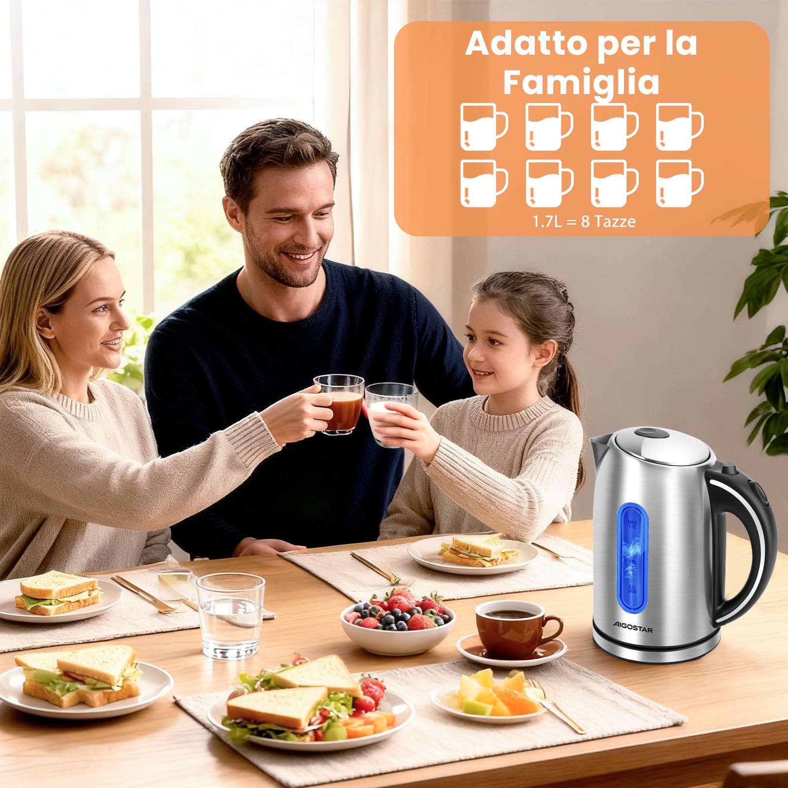 Aigostar Bollitore Elettrico Acciaio Inox 1,7 Litri - Bollitura Rapida Bollitore Acqua Elettrico 2200W, illuminazione a LED per il Livello Dell'acqua, Senza BPA, Con Filtro, Spegnimento Automatico