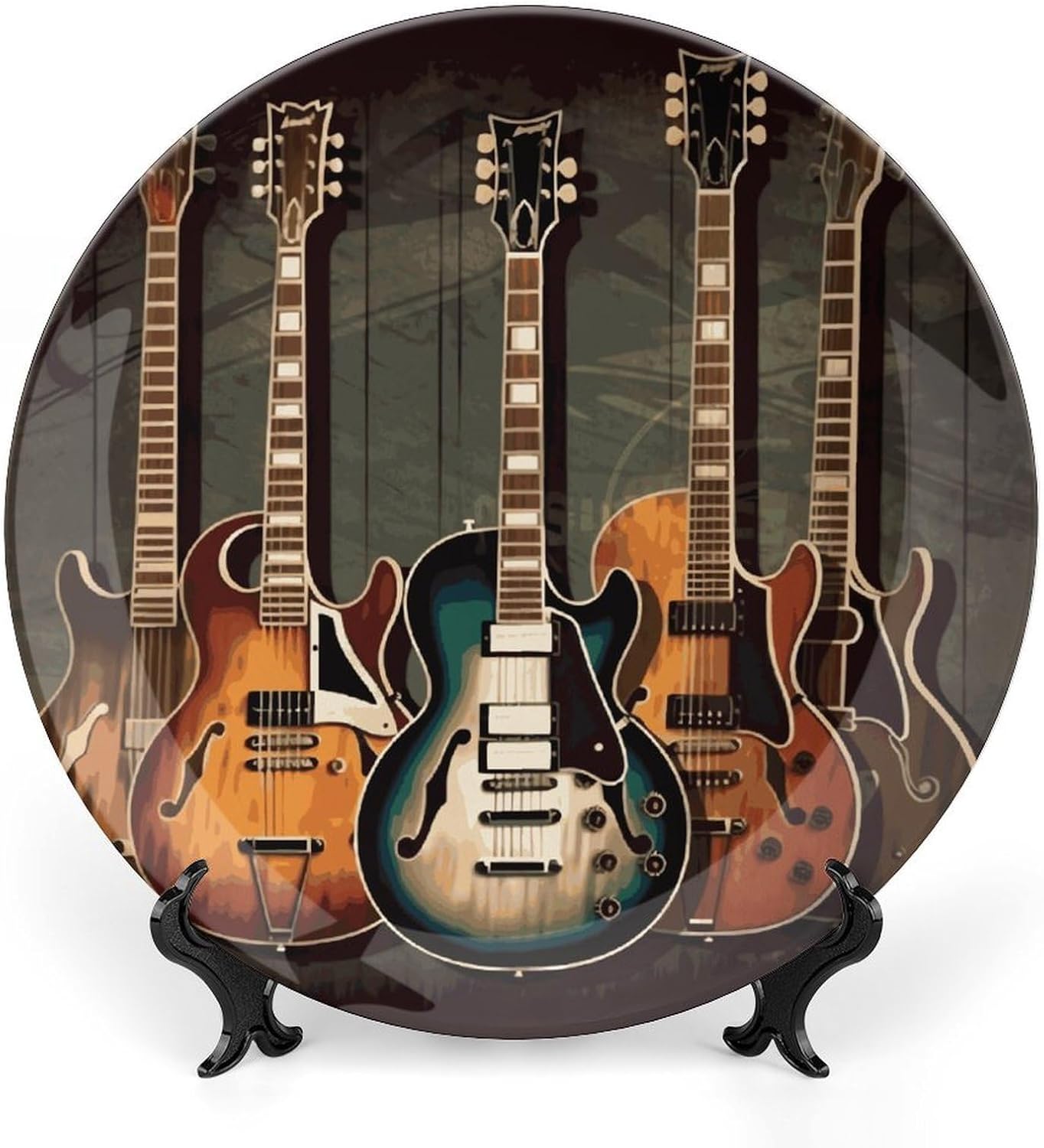 Guitars Art Bone China Decorative Plate with Display Stand, Ceramic Ornaments Plate for Wall Hanging, Personalized Porcelain Plates for Office, Living Room 8inch