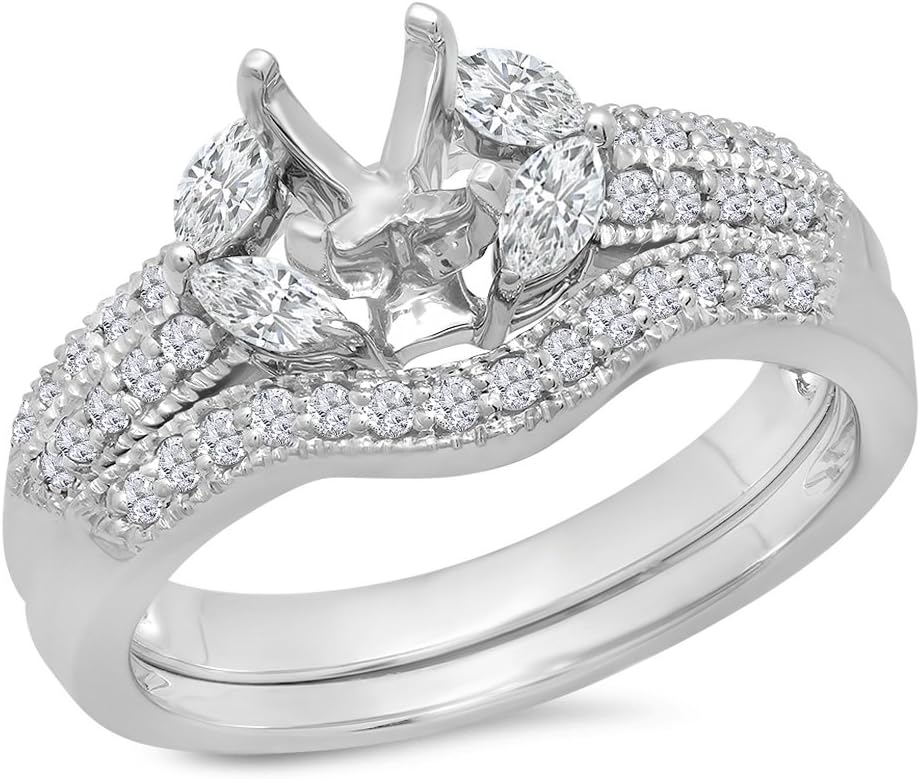 Dazzlingrock Collection 0.65 Ctw Round & Marquise Natural Diamond Semi Mount Bridal Ring Set (No Center Stone), 14K White Real Solid Gold