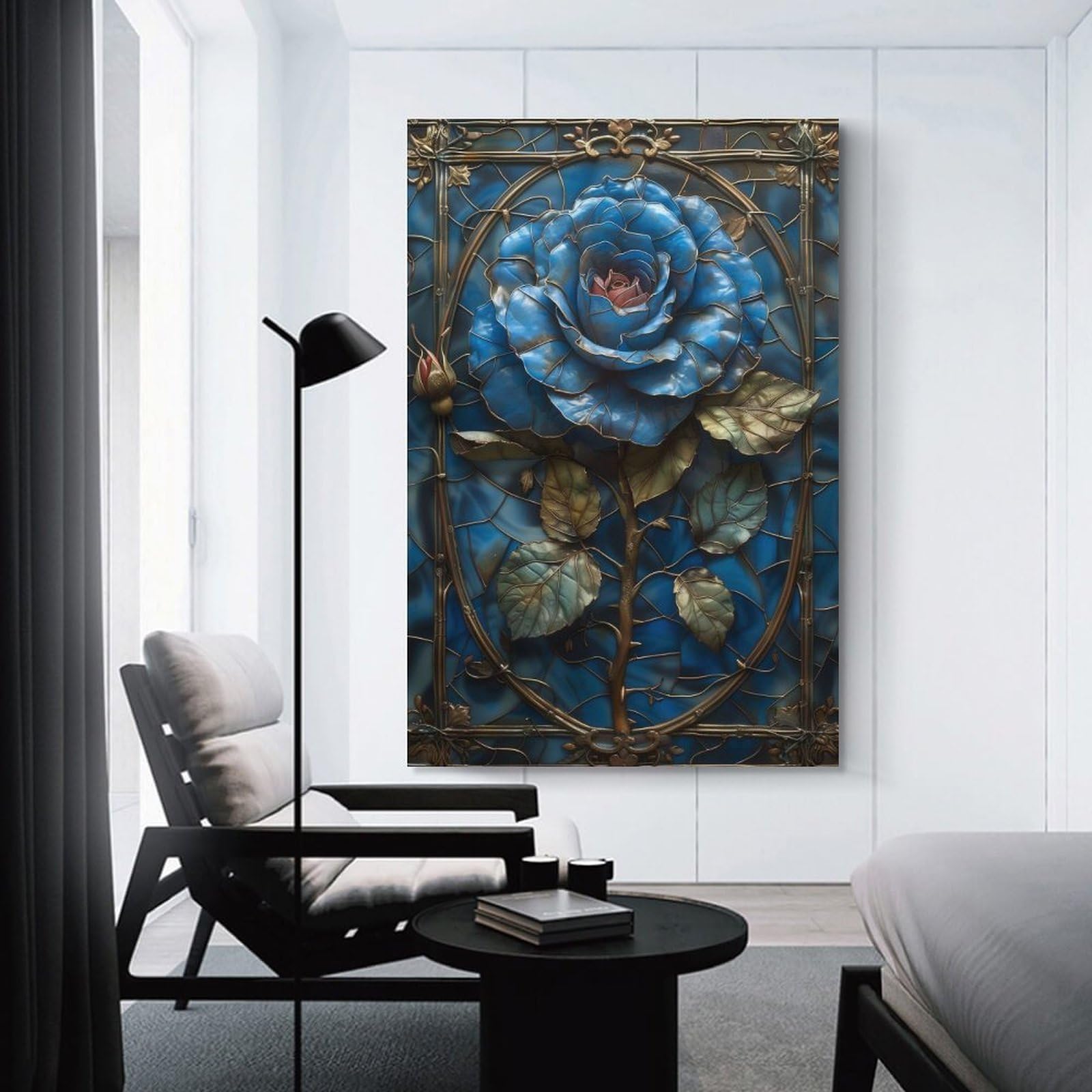 Junmoney Blue Gothic Rose Wall Art Print, 24x36inch(60x90cm), for Entryway, Lounge Links Or Small Walls, Decorative Wall Art for Narrow Spaces