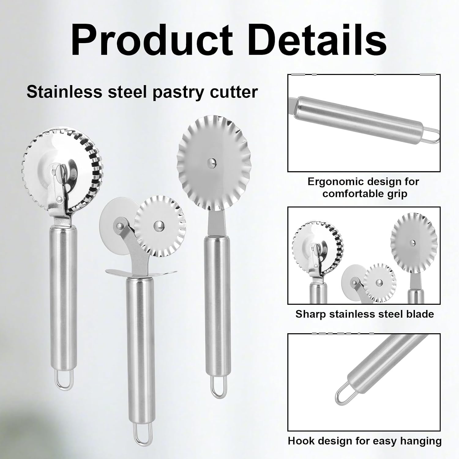 3pcs Pastry Wheel Cutter Set, Stainless Steel Ravioli Pizza Cutter Wheel & Fluted Pasta Crimper with Ergonomic Handle for Dough Pie Kitchen Tools Accessories Supplies (Silver)