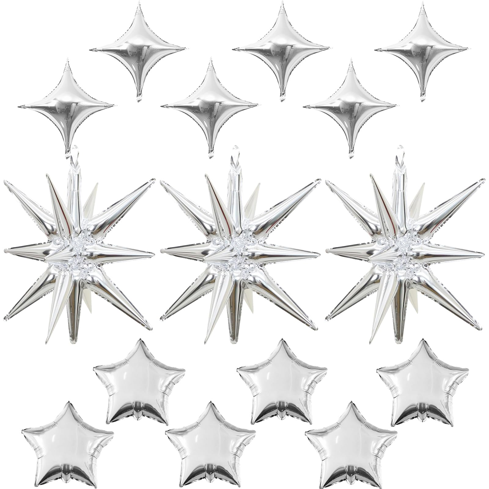 Froova Silver Star Balloons, 22in Large Star Balloons Foil 10in 4-Pointed & Silver Pentagram Balloon for Graduation New Year Wedding Baby Shower