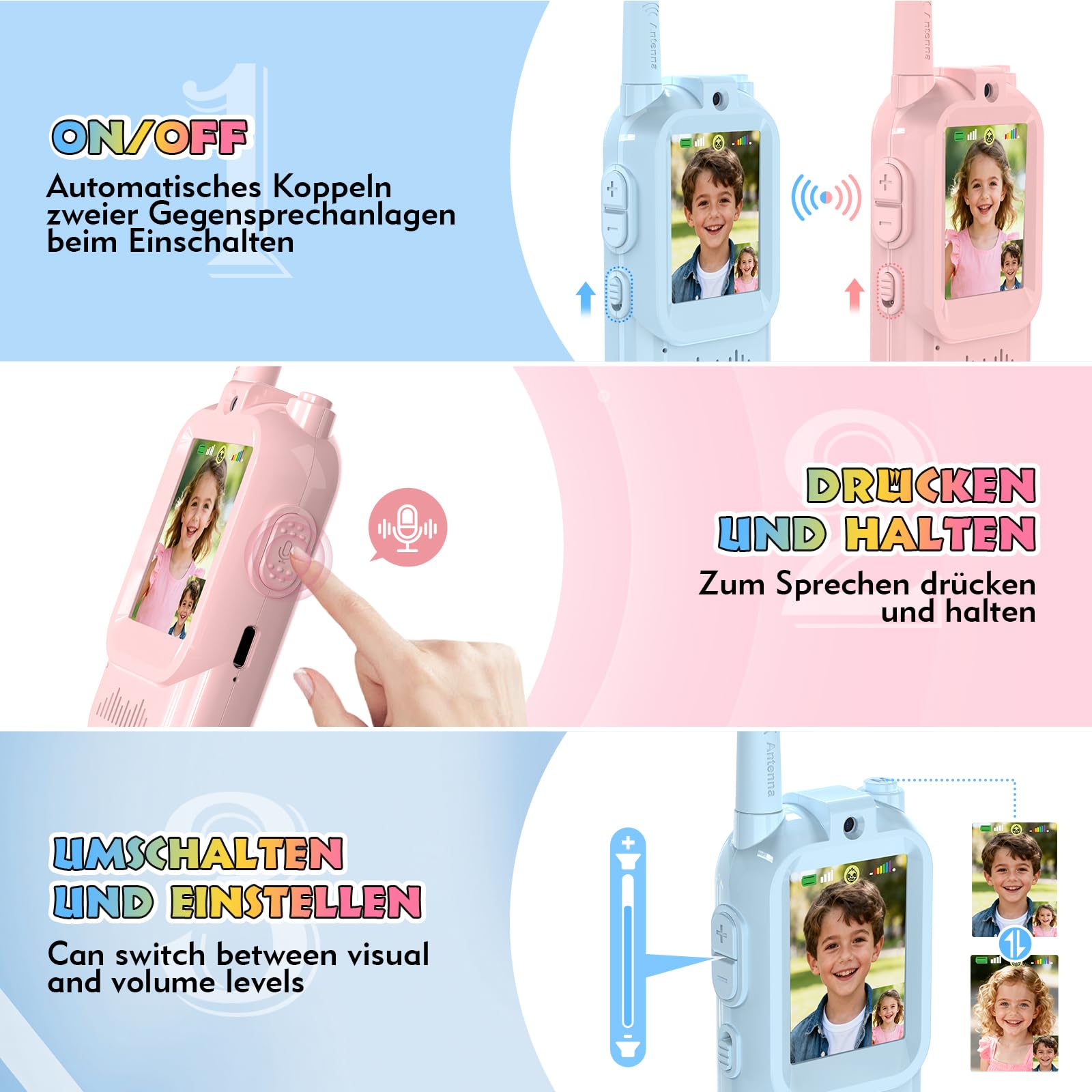 Video Walkie Talkie Kinder,2er Set Walky Talky Kinder Aufladbar Weihnachten Geschenk Spielzeug 3-12 Jahren Junge und Mädchen,5km Walki Talki für Abenteuer im Freien (Blau+Rosa, Einheitsgröße)