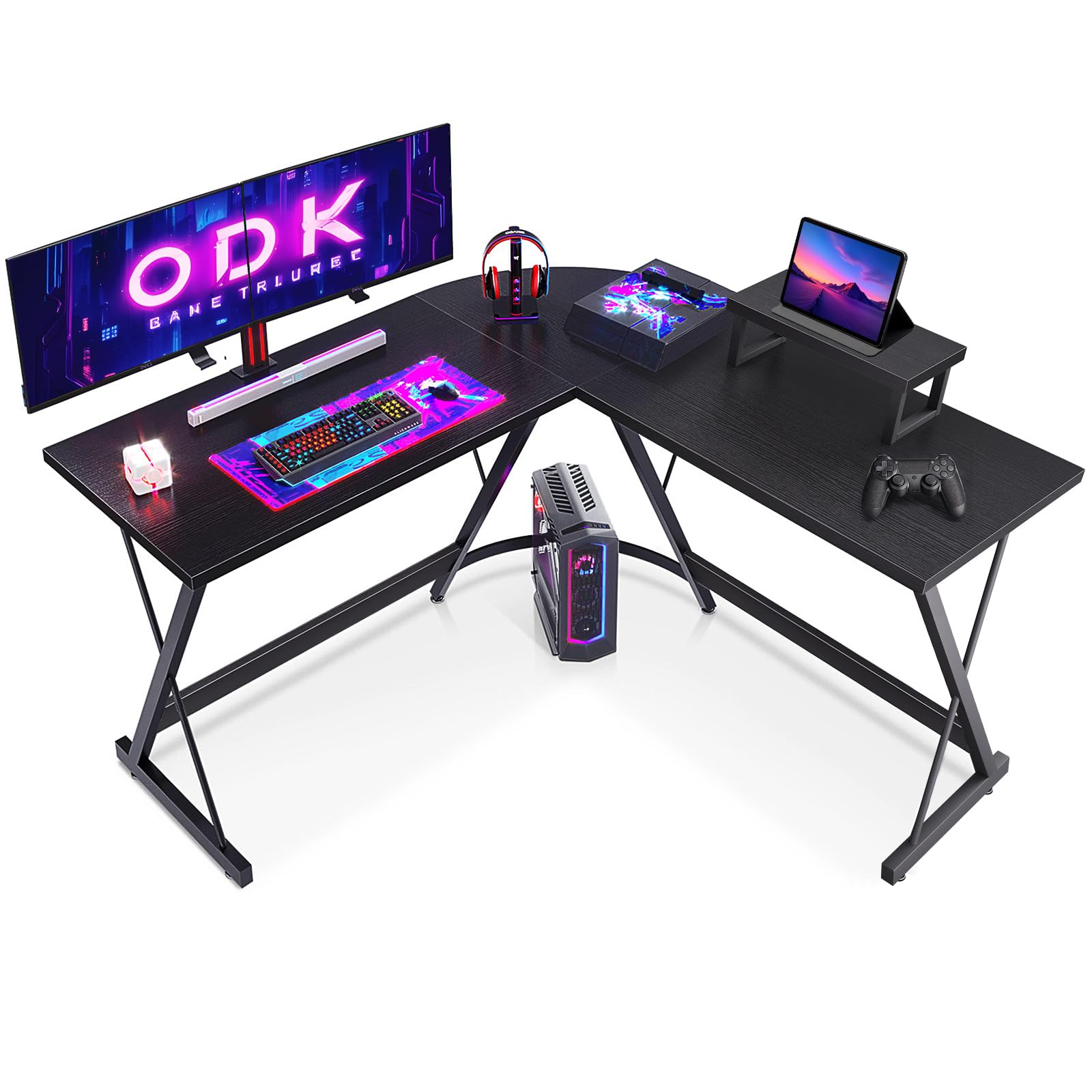 ODK L Shaped Gaming Desk with Monitor Stand, 127x127x75 cm Computer Desk with Storage Bag, Corner Desk for Gaming, Home, Office, Black