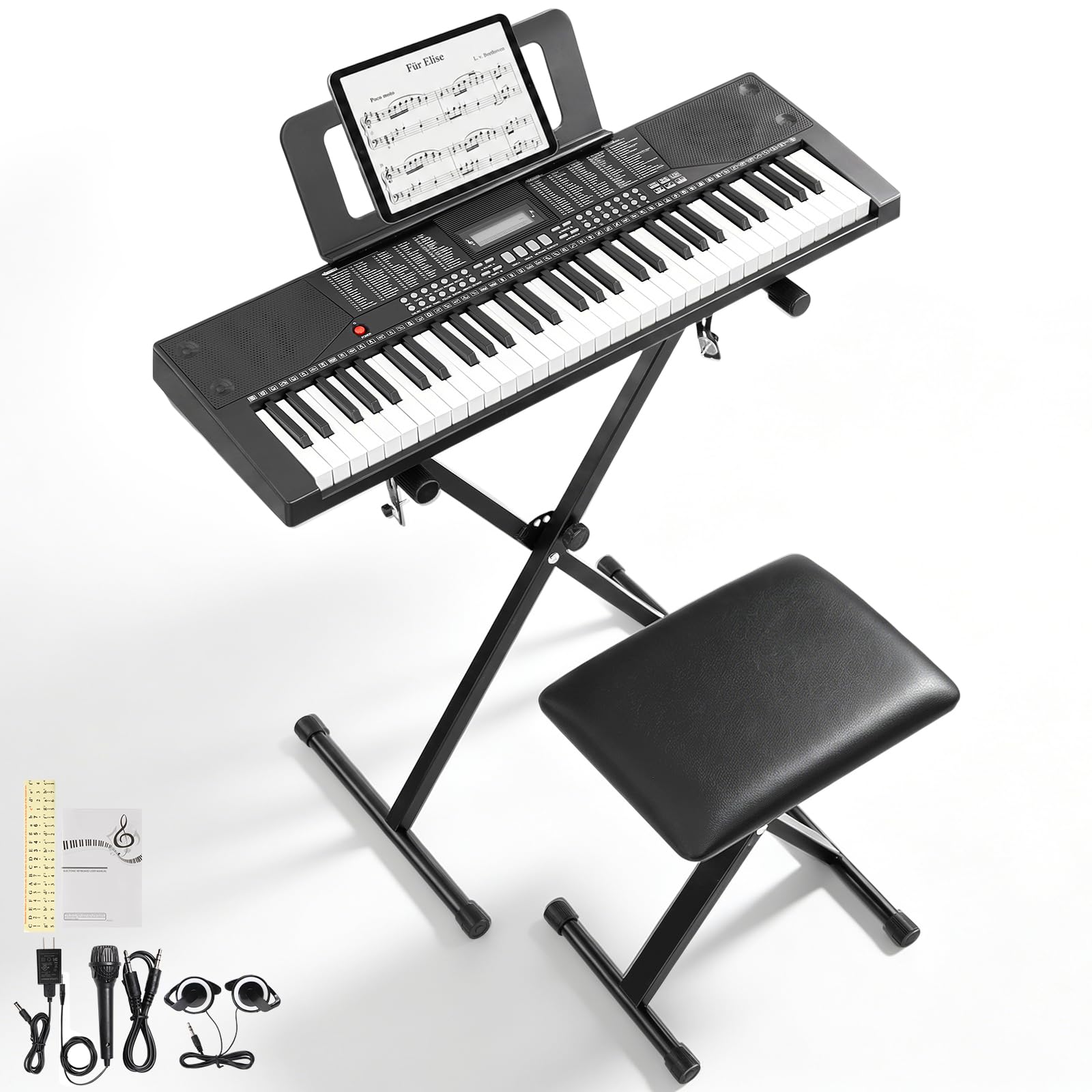 LEADZM Keyboard Piano 61 Tasten mit X-Ständer, Digital Piano mit LCD, USB-MIDI, Klavierbank, Notenständer, Kopfhörer, Mikrofon, 200 Rhythmen, 200 Tönen und 80 Demos für Anfänger (Schwarz)