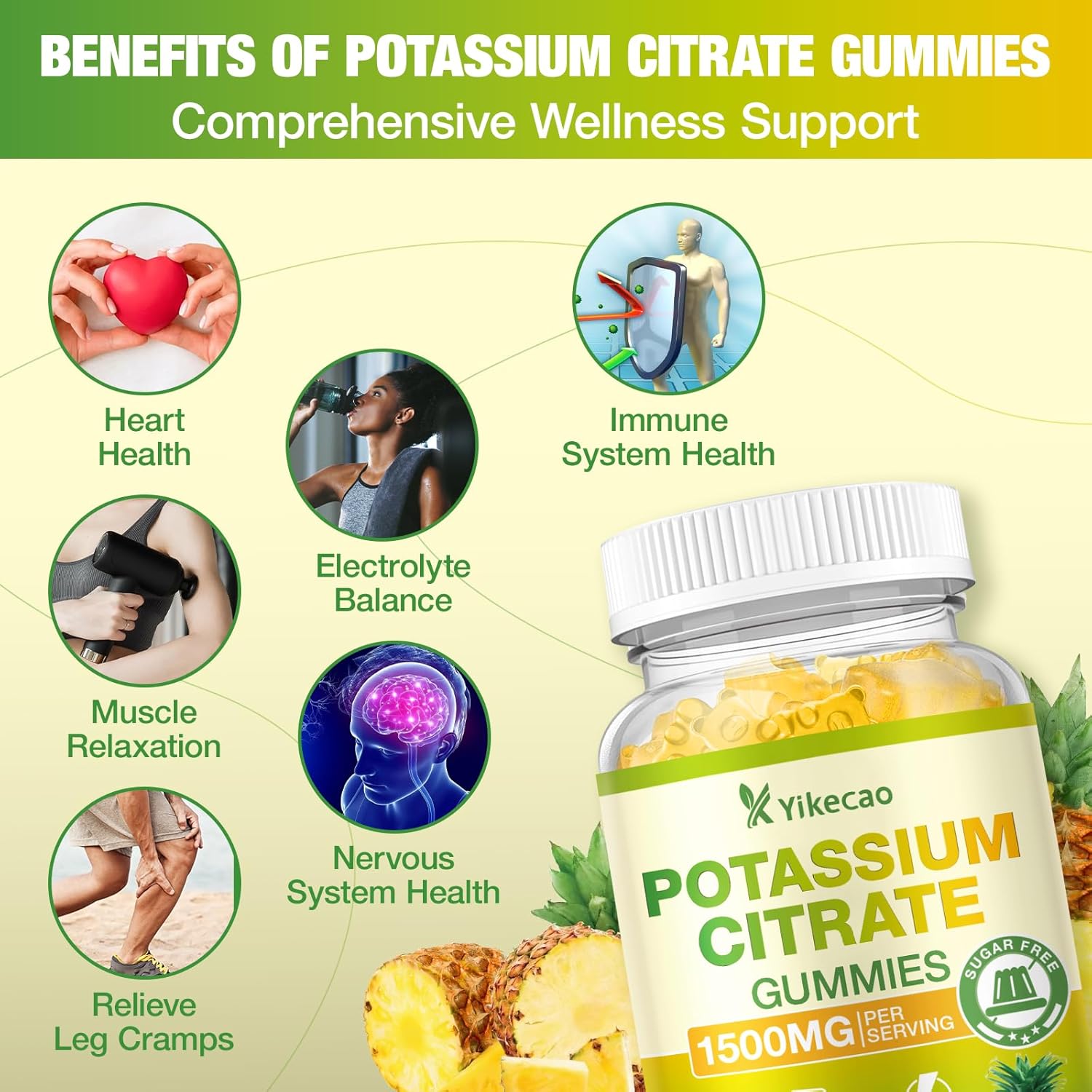 1500mg Potassium Citrate Gummies, Sugar-Free Potassium Supplement Gummies for Adults Women & Men, Support Leg Cramps & Electrolyte Balance, Vegan, Pineapple Flavor, 60 Count - Image 4