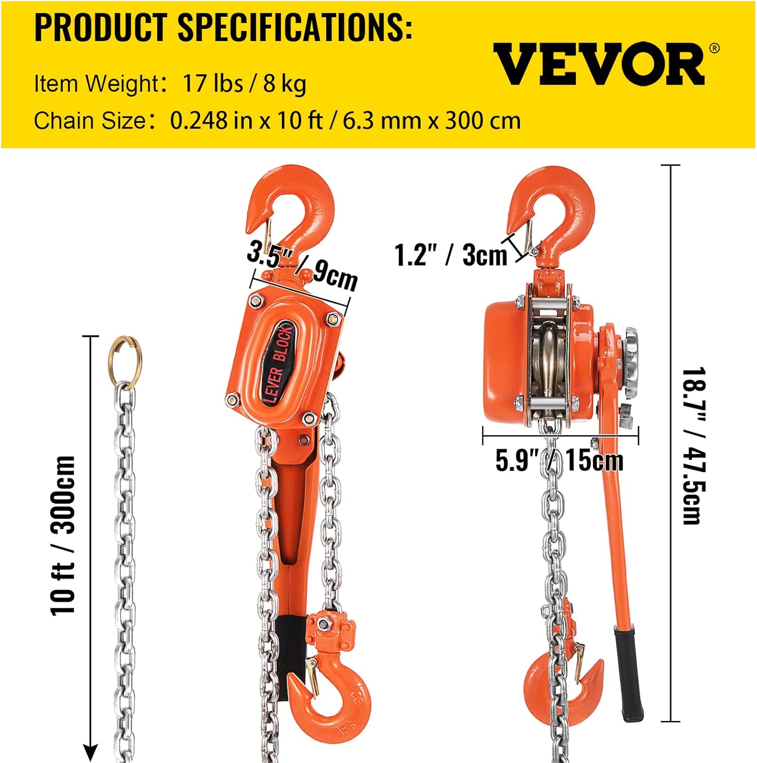 VEVOR Lever Chain Hoist, 0.75Ton 1650lbs Capacity Ratchet Puller with 10FT Max. Lifting Height, Come Along 2 Heavy Duty Steel Hooks, Manual Handling Tool for Cargo Moving in Construction, Warehouse : Office Products