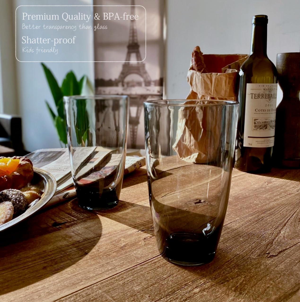 KLIFA- ETON- 15.2 & 20.8 ounce, Set of 8, Acrylic Tumbler & Highball Drinking Glasses Set, Stackable Plastic Drinkware, Dishwasher Safe Cups, Gray-Black - Image 3