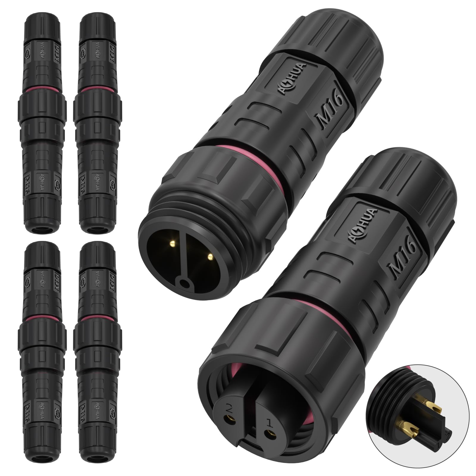 AOHUA M16 Waterproof Connector IP67 Outdoor Electrical Plug for 2-pin Cables Ø 4.5-7.5mm UL Certification(Black)(5-Pack)