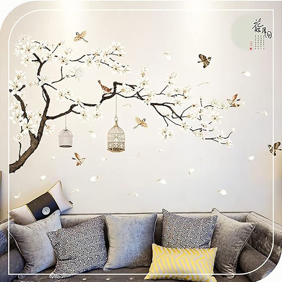 Large Wall Stickers, Removable Peel and Stick 3D Wall Art Stickers, 50''x74'' Romantic Cherry Blossom Tree Wall Murals, DIY Home Decor for Girls Bedroom Nursery Rooms Living Room, BWCXXZH