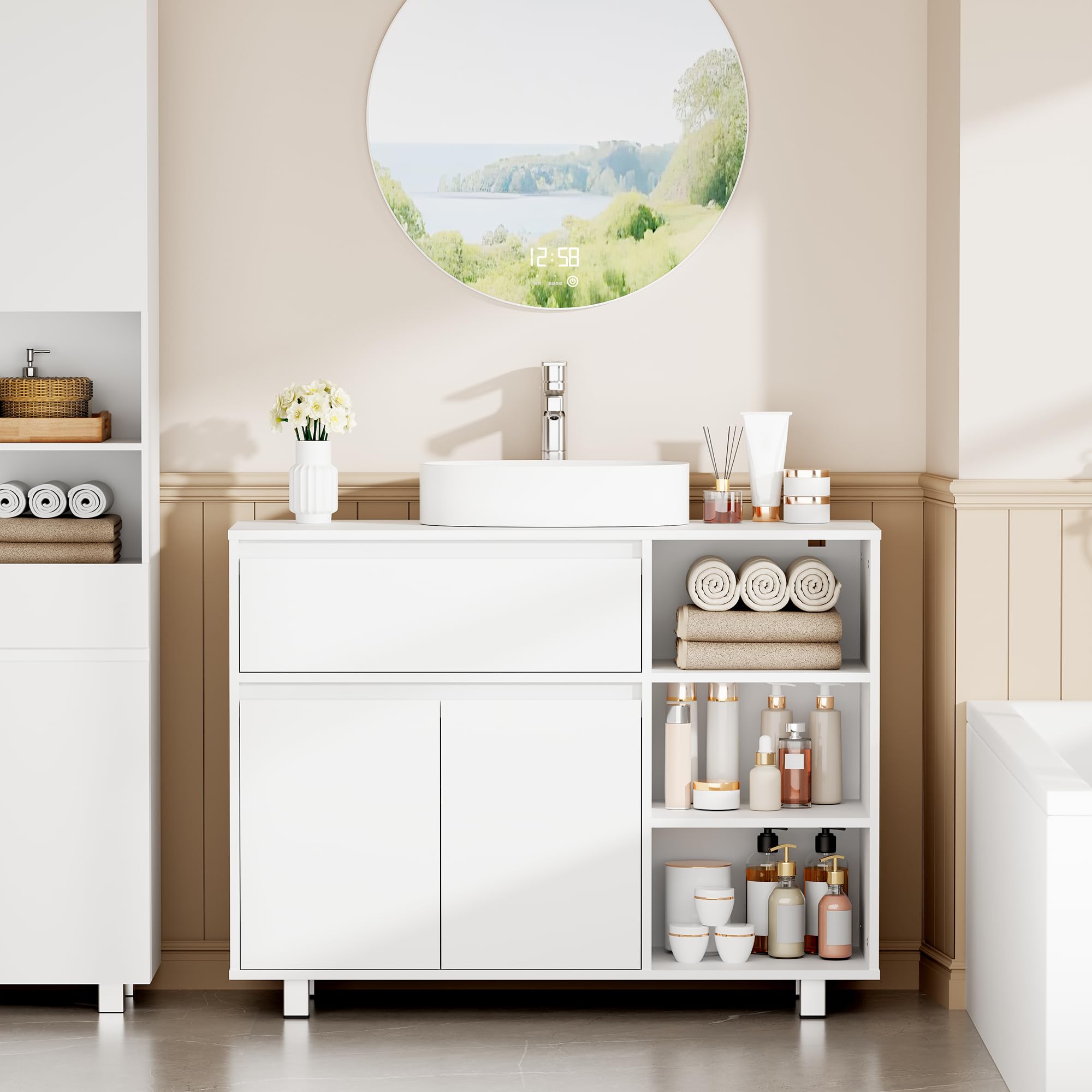 BEWISHOME Mobile Sottolavabo per Bagno,Mobile da Bagno, 1 vano Portaoggetti Nascosto, 2 Ante, 3 Ripiani Regolabili Aperti, con Gambe, 90 x 64.5 x 30 cm, Bianco EYSG02W