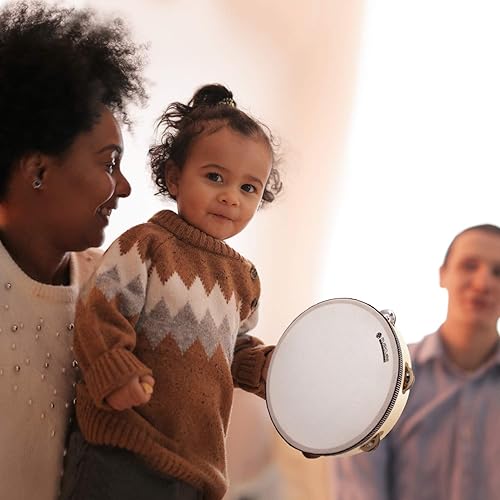 Miniatura 6 de MUSICUBE Pandereta de cabeza de 8 pulgadas para adultos y niños, pandereta de una hilera de madera con jingles de hierro inoxidable, instrumentos