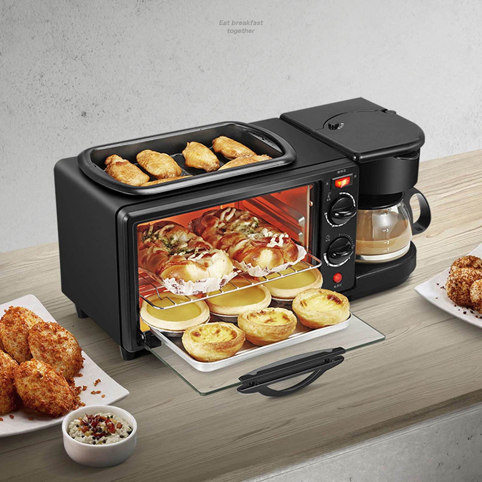 Pequeña máquina de Desayuno 4 en 1 Tamaño Familiar Estación de Desayuno eléctrica Máquina de sándwich Multifuncional Máquina de Desayuno Sartén Mini Horno Cafetera for Oficina en casa