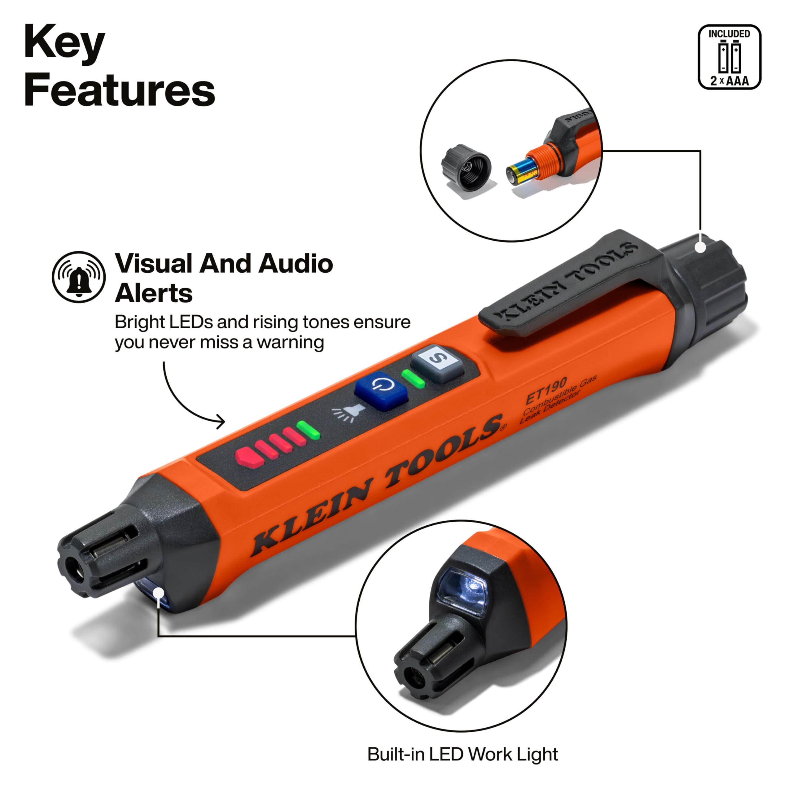 Klein Tools Detector de Fugas de Gas ET190, Amplio Rango de detección, alertas audibles y LED, Delgado y Ligero