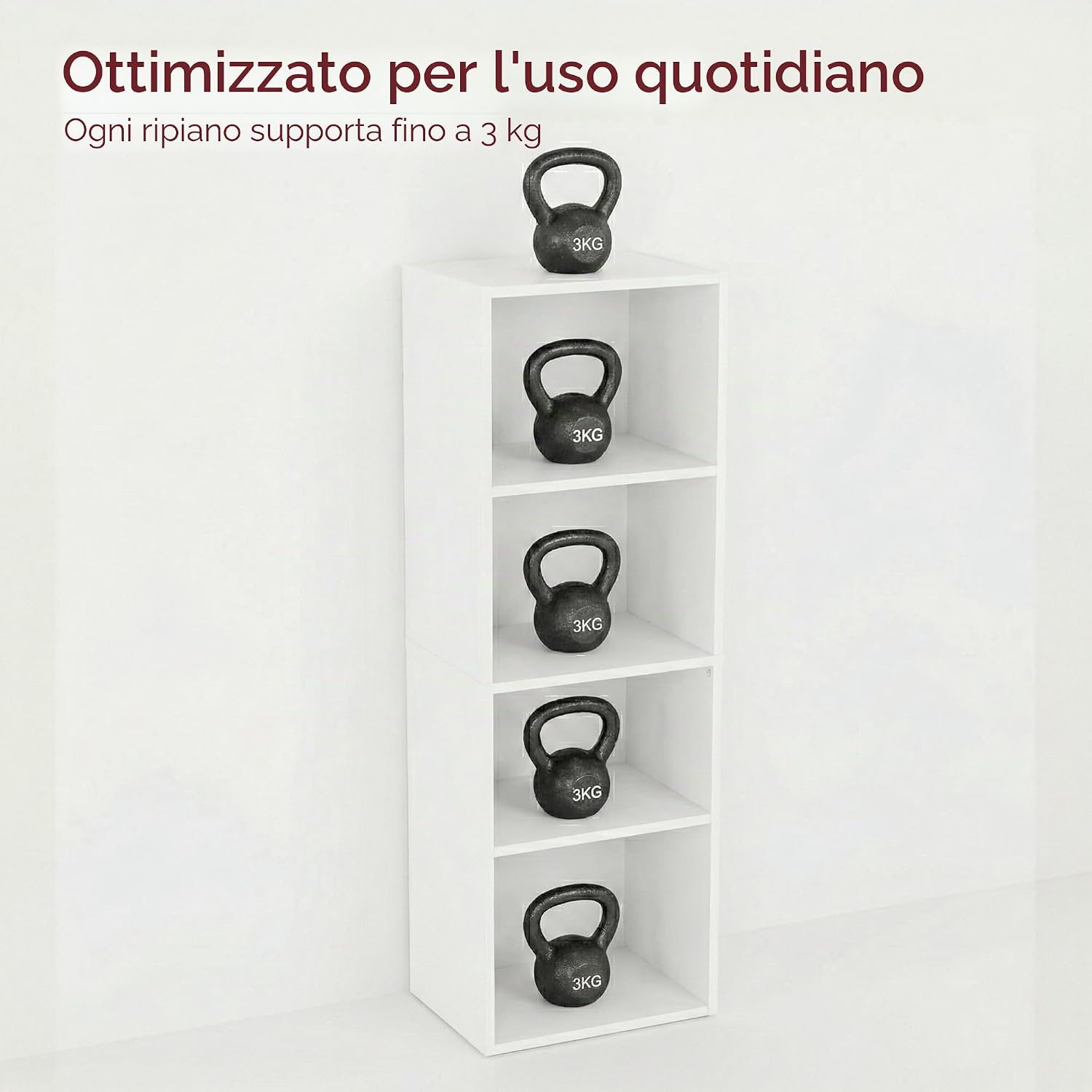 Vida Designs Oxford 4-Tier Cube Bookcase with kettlebells on each shelf, illustrating individual shelf weight capacity.