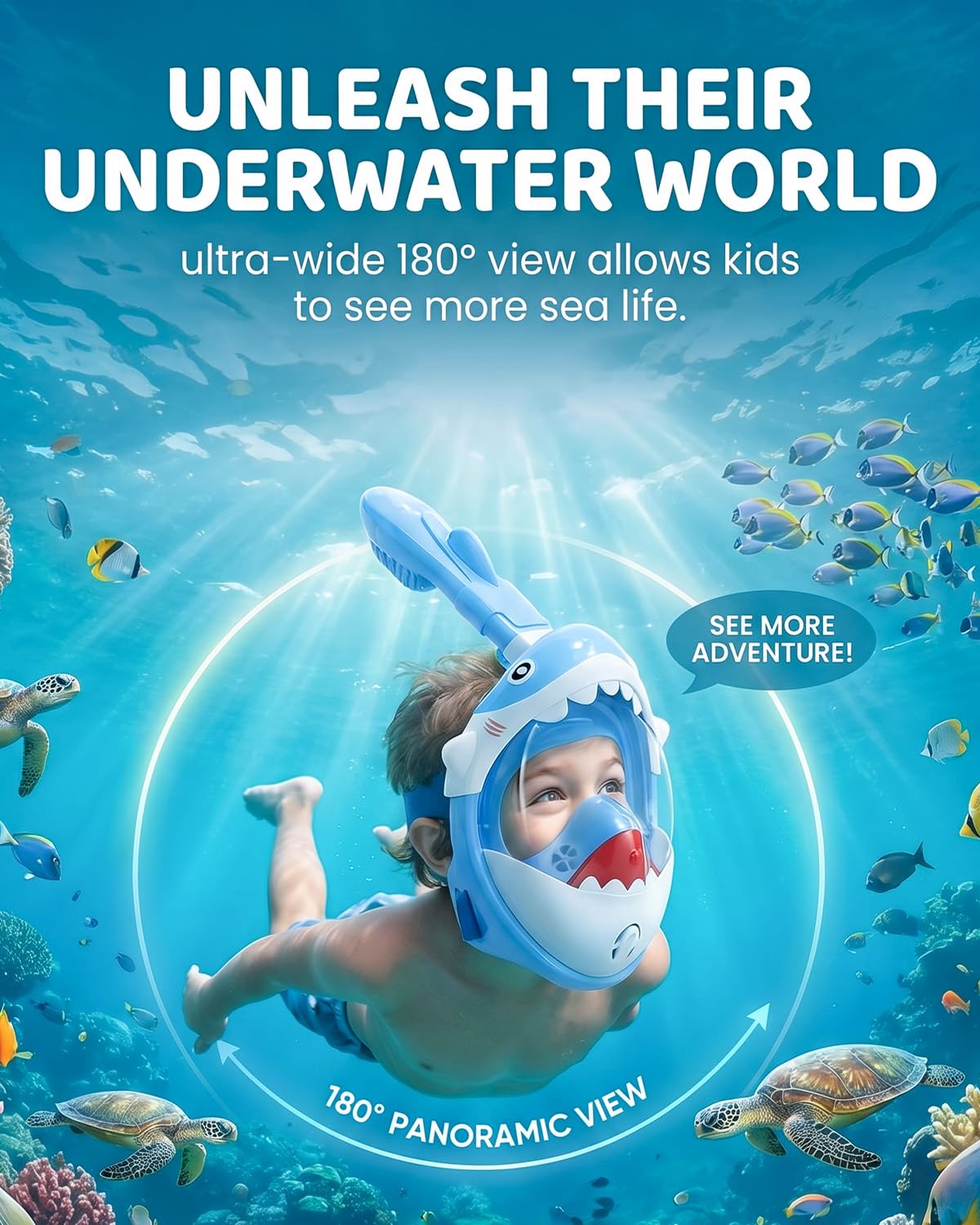 Maschera da snorkeling integrale per bambini, motivo squalo blu, progettata per bambini dai 5 ai 10 anni, visione ad alta definizione a 180°, anti-appannamento, anti-perdite e funzione Dry Top, per