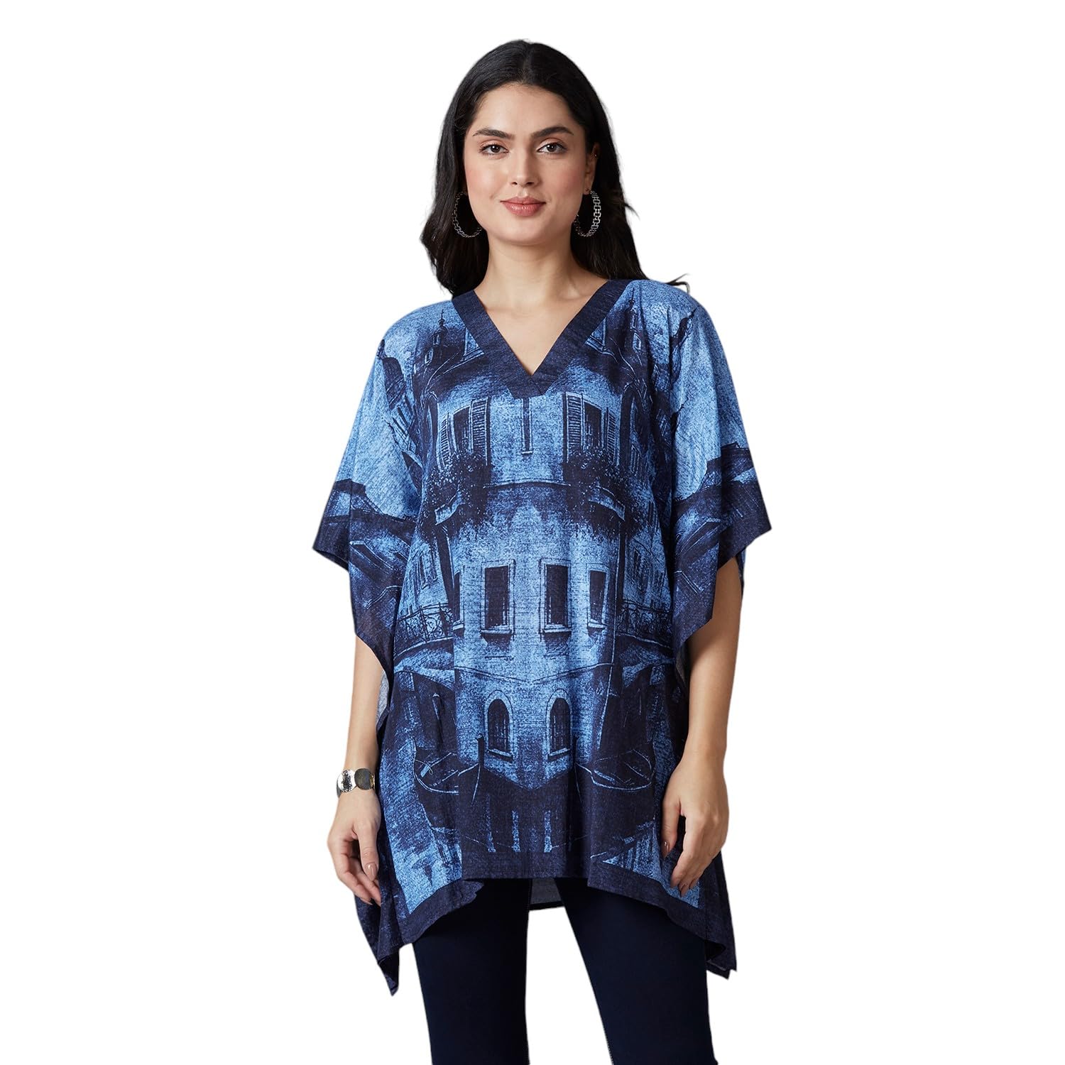 Women's || Navy Demin Style Building Printed Kaftan Top || Viscose Material || Top Kaftan for Women || Short Kaftan-image-45