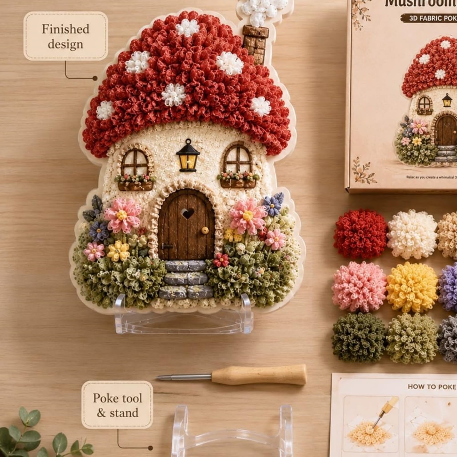 Kit per ricamo 3D Villaggio Incantato - Casetta con Funghi e Fiori (6Pcs) | Kit per ricamo fai da te con ago da punzonatura per adulti, grazioso kit decorativo, accogliente regalo in stiles