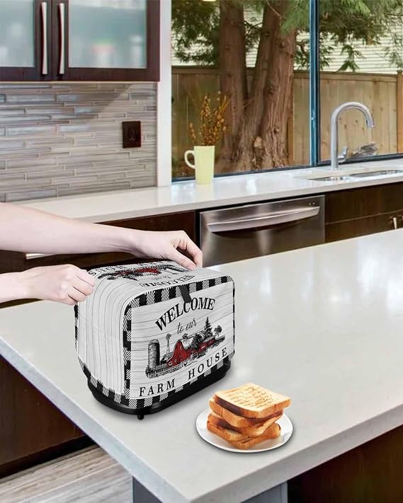 Welcome to Our Farm House 4 Slice Toaster Cover, Large Kitchen Appliance Cover, Black and White Checkered With Loop, Bread Machine Polyester Dust Protection