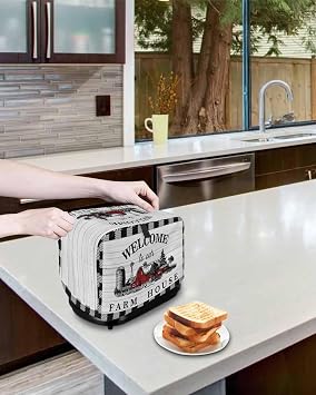 Welcome to Our Farm House 4 Slice Toaster Cover, Large Kitchen Appliance Cover, Black and White Checkered With Loop, Bread Machine Polyester Dust Protection