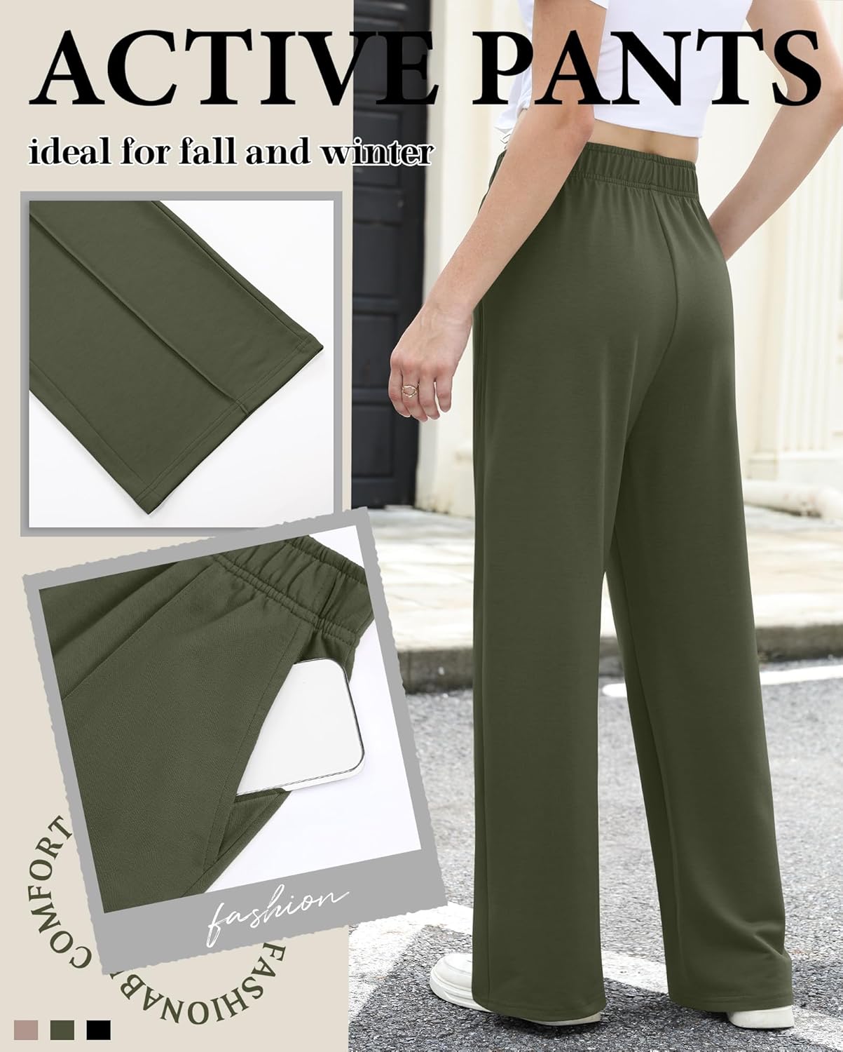 Neer 3 Pack Women's Wide Leg Sweatpants Baggy High Waist Straight Yoga Pants Open Bottom Jogger with Pockets(Black, Army Green, Khaki,Large) - Image 5