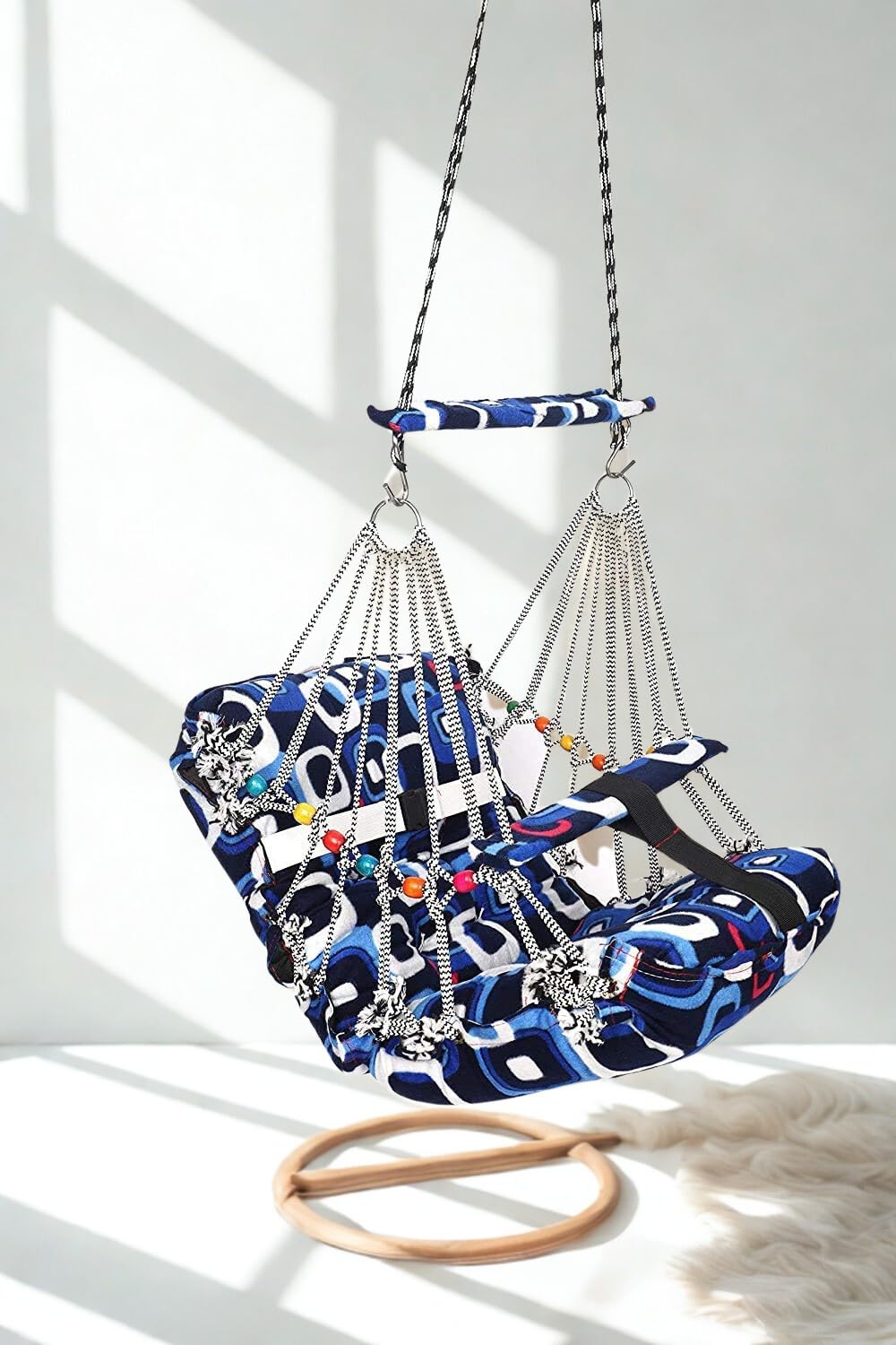Swing Hammock, Black and White Checkered Pattern, Hanging Cradle with Colorful Beads, Indoor Outdoor-image-5