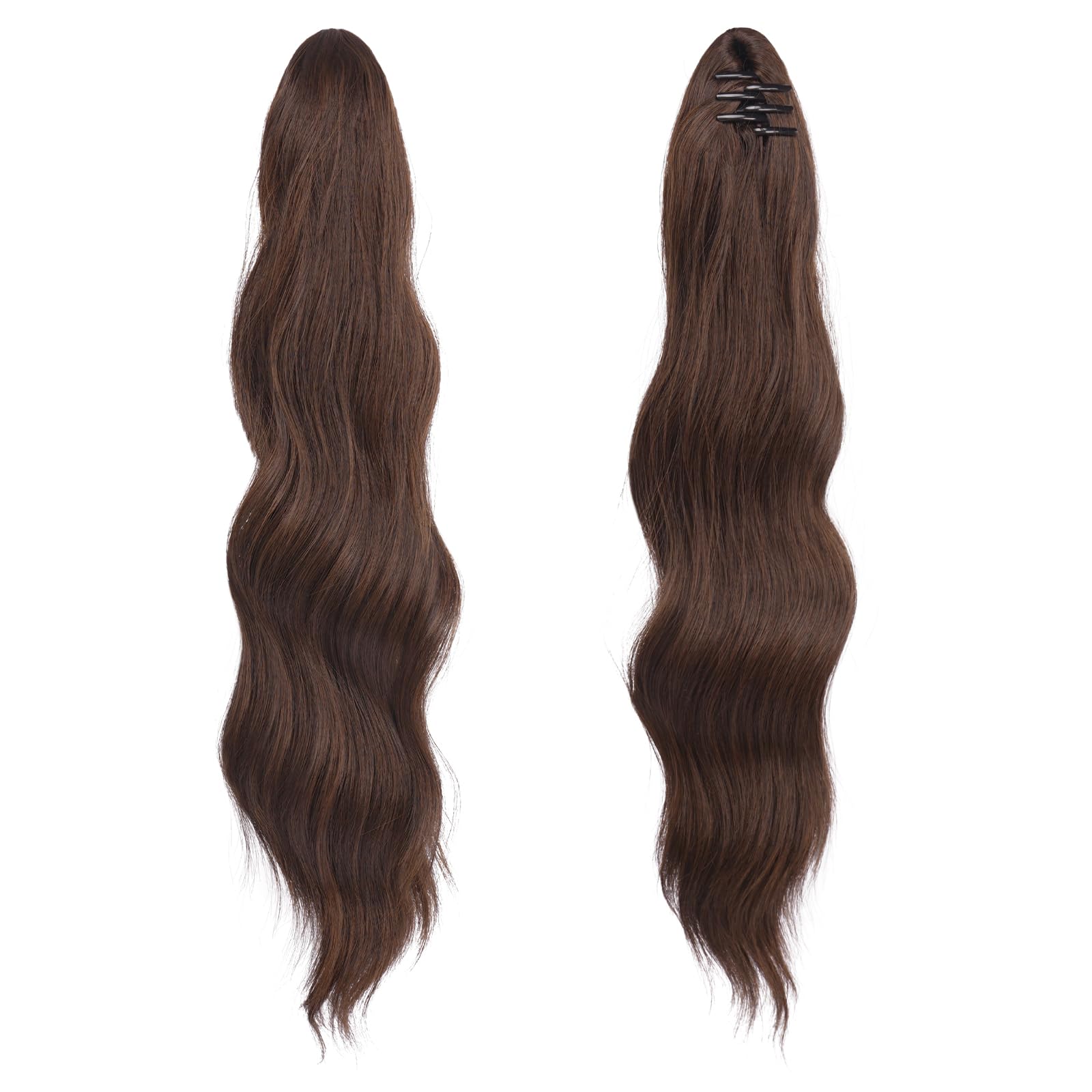FESHFEN Coda Capelli Extension con Pinza 50 cm Lunga Ondulato Coda di Cavallo Clip Extension Marrone Cioccolato Sintetico Claw Clip in Ponytail per Donna