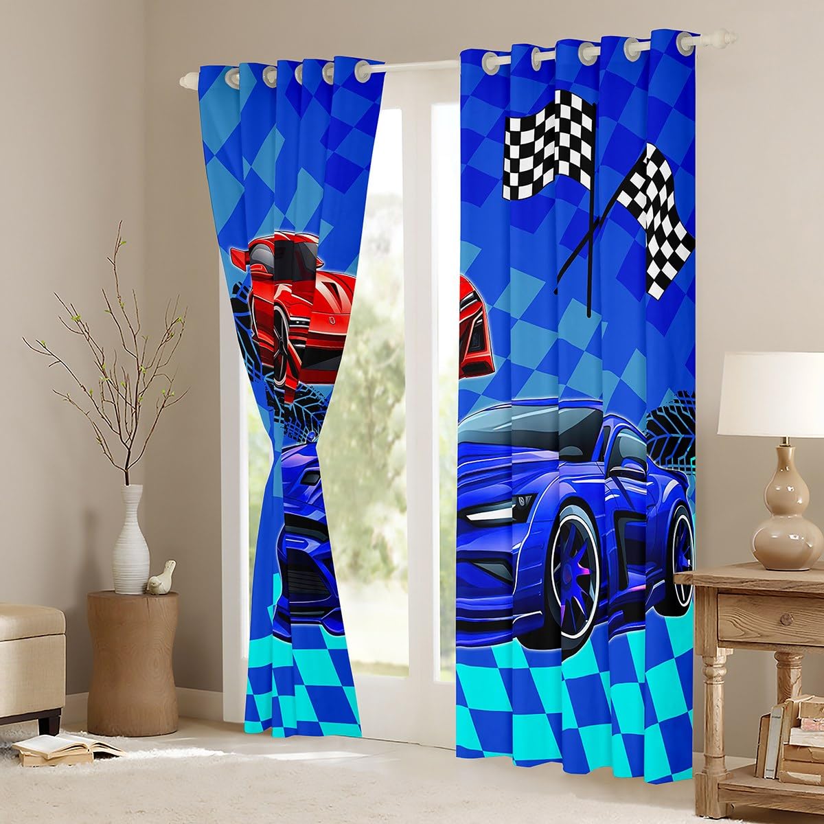 Sport Auto Kinder Fenster Vorhänge, Red Navy Racing Auto Speed Race Fenster Behandlungen, Blau Karierte Kunst Fenster Vorhänge für Home Decor, 2 Panels, L Größe,Guter Schattierungseffekt