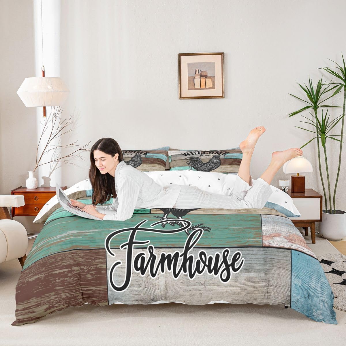 Farm Chicken Bedding Set,Vintage Wood Farmhouse Duvet Cover for Kids Teens Boys Girls,Farm Animals Comforter Cover Decorative Room,Country Style Quilt Cover with 2 Pillowcases,King Size(No Comforter)