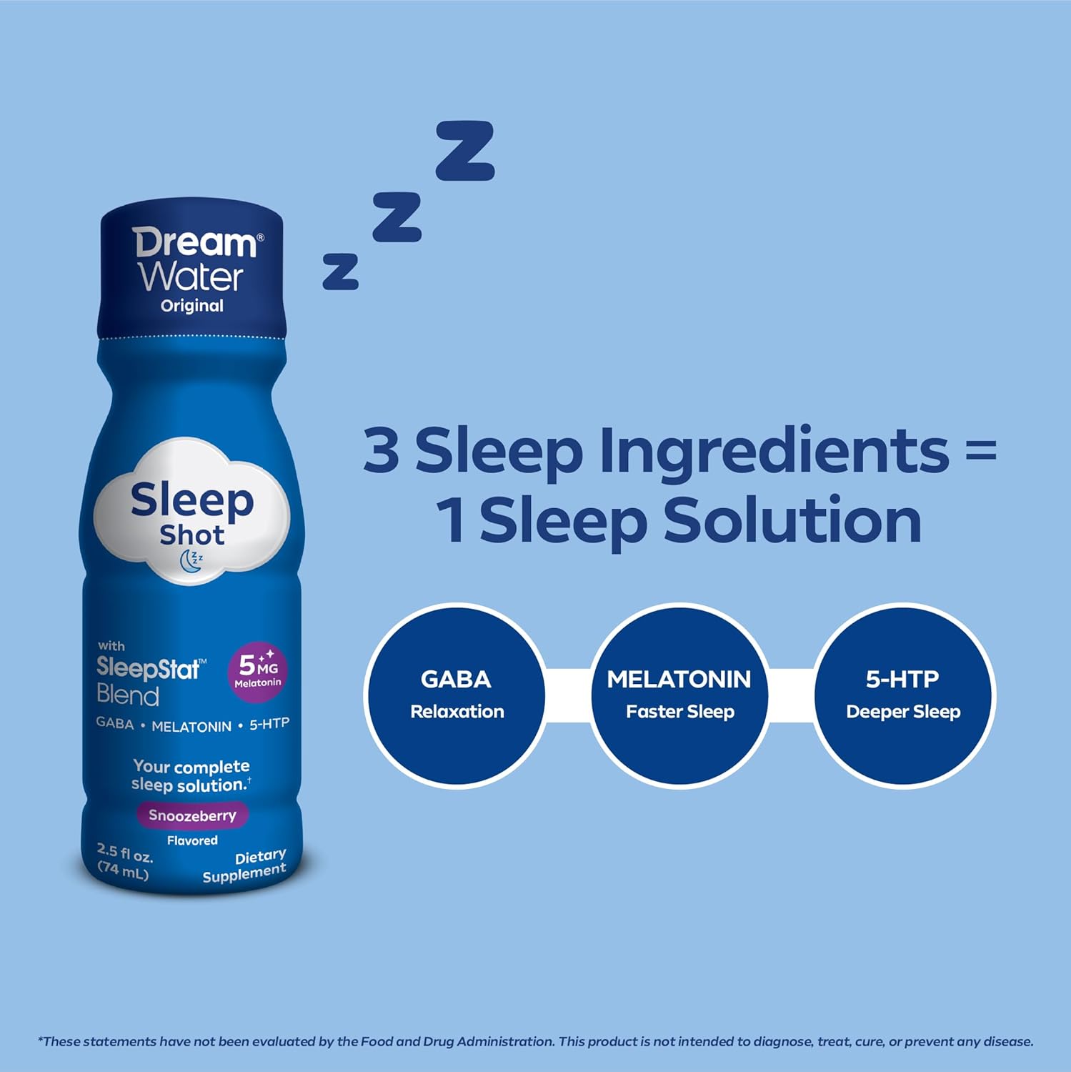 Dream Water Sleep Shots (12 Count) Sleep Aids for Adults - 5mg Melatonin, GABA, 5-HTP - Natural Snoozeberry Flavor (Blue Raspberry) - Liquid Melatonin Supplement - Zero Sugar & Gluten Free - 2.5 oz