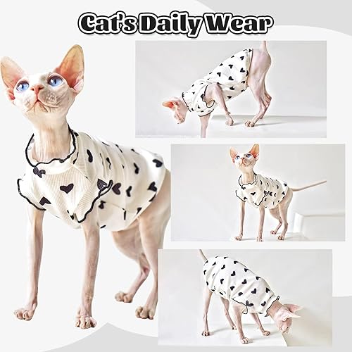 Miniatura 8 de DENTRUN Camisa de gatos sin pelo de Sphynx con patrón de corazón, camisetas de gatito con mangas Perlin, transpirable, lindo suéter adorable sin