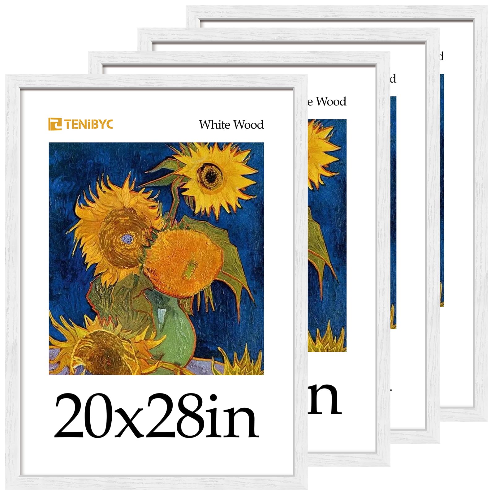 TENIBYC 20x28 Picture Frame 4 Pack - White Solid Wood Poster Photo Frame - Woodgrain Series - Room, Office, Gallery, Studio Display - Wall Hanging