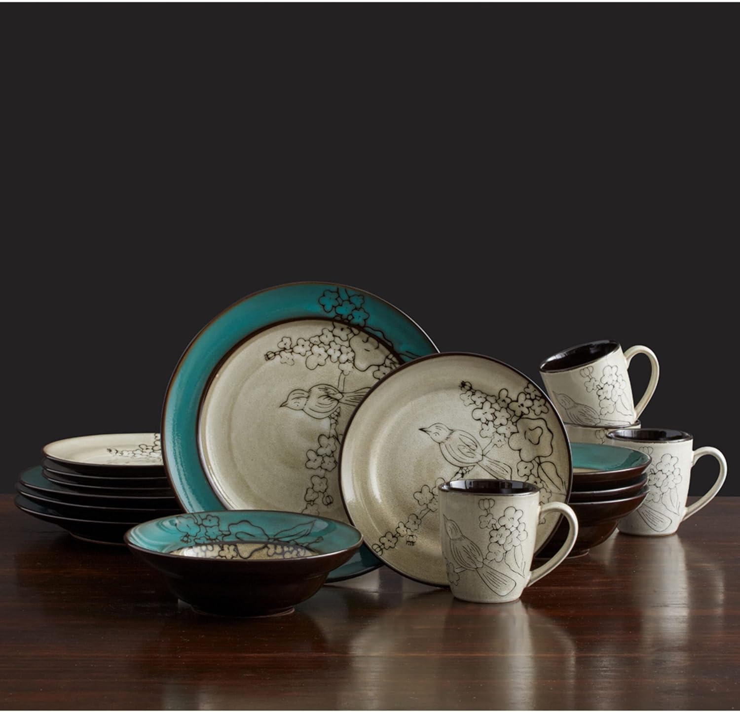 Gourmet Basics by Mikasa Song Bird Dinnerware Set, 16 Piece, Green, Gray