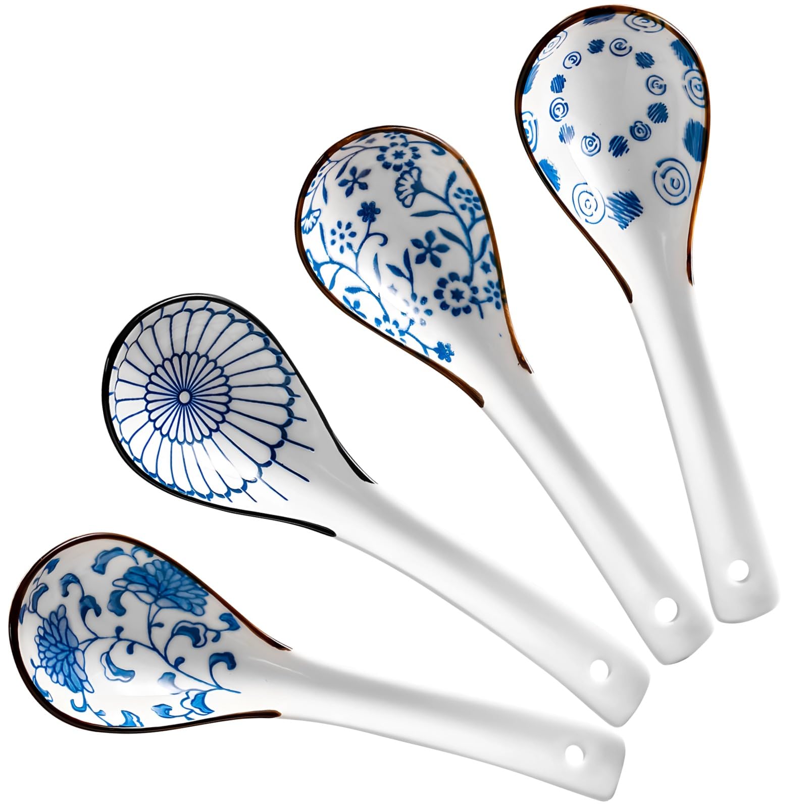 Packool Blue & White 4 Pcs Japanese Ceramic Soup Spoons, 15.5 X 4.5 Cm (6.1 X 1.8 In) Ramen Spoon Set, Assorted Floral Patterned Ladle Spoons For Asian Noodle Soup