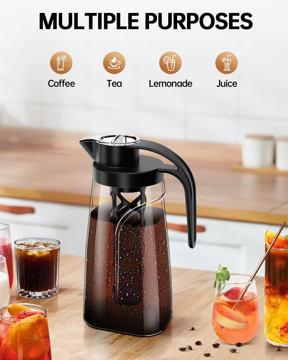 Cafetera fría de 70 onzas (71.0 fl oz), jarra Tritan sin BPA, cafetera helada y cafetera de té, 100% a prueba de fugas, filtro de malla reutilizable fácil de limpiar, color negro 7