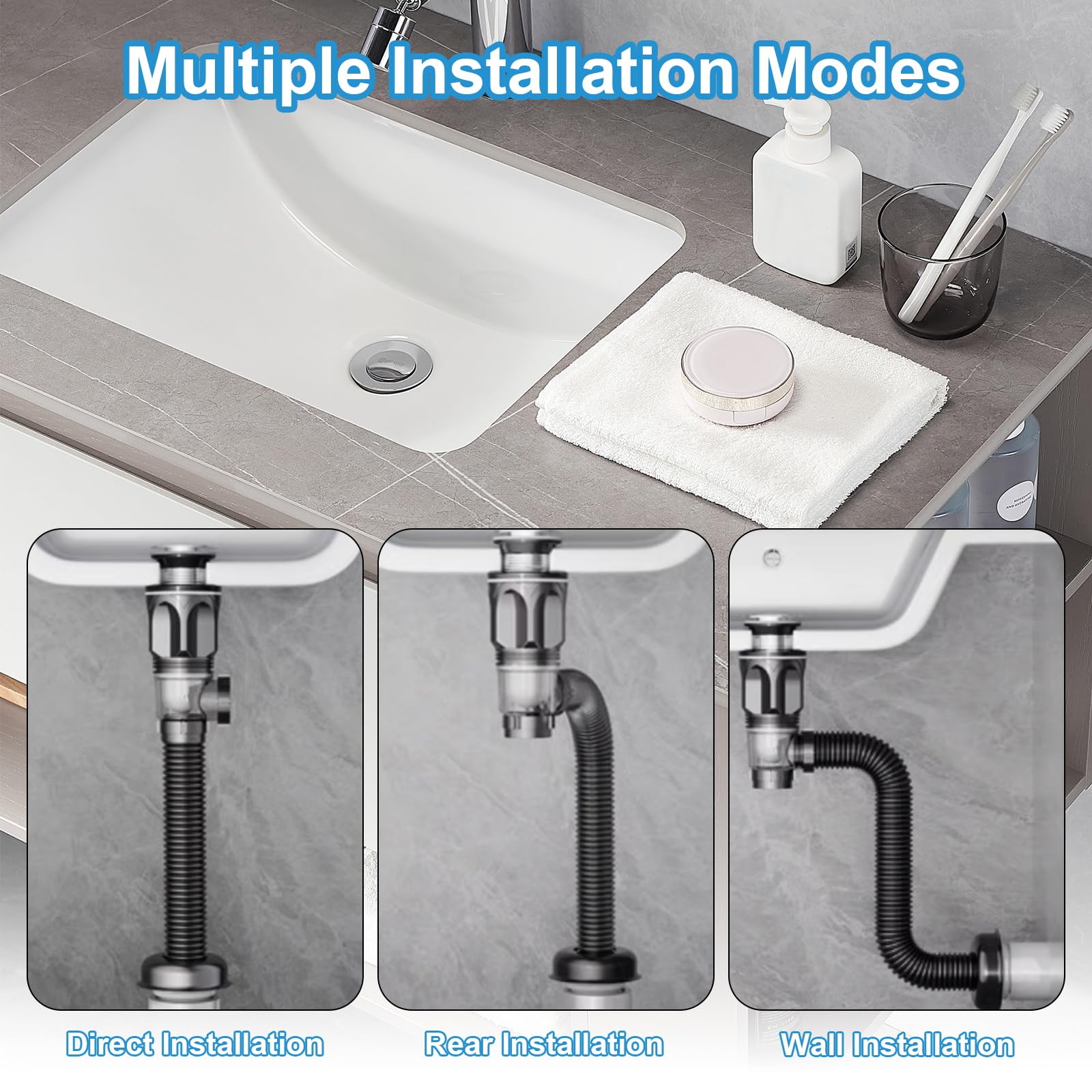 Kits Desague Lavabo Sifón Lavabo Flexible Kits con Manguera de Drenaje Flexible Retráctil y Tapón de Drenaje Mergente Sifon Cocina Fregadero Kit de Desagüe de Fregadero para Baño y Cocina