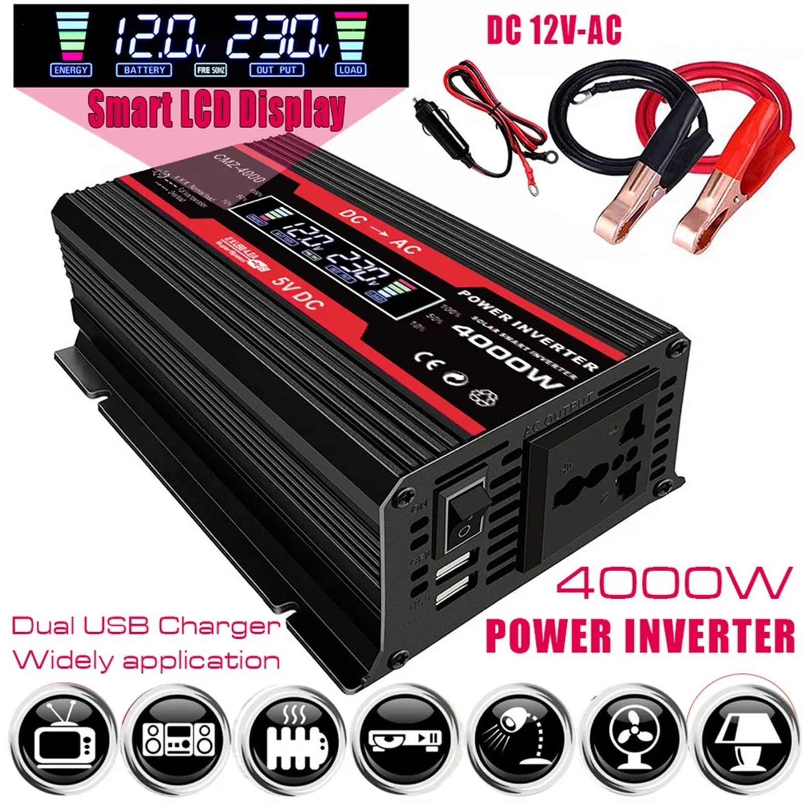Inverter di Potenza, Inverter a onda sinusoidale modificata 300 W di potenza da CC 12 V a CA 50/60 Hz convertitore inverter solare for auto con LED dis