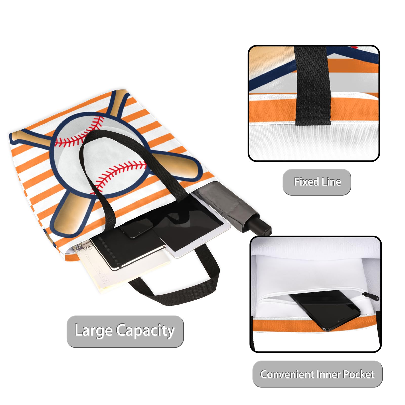 Mularoka Striped Baseball Large Capacity Canvas Tote Bag Stylish Handheld Shoulder Bag Reusable Shopping Bag for Work Travel Beach Trips Shopping