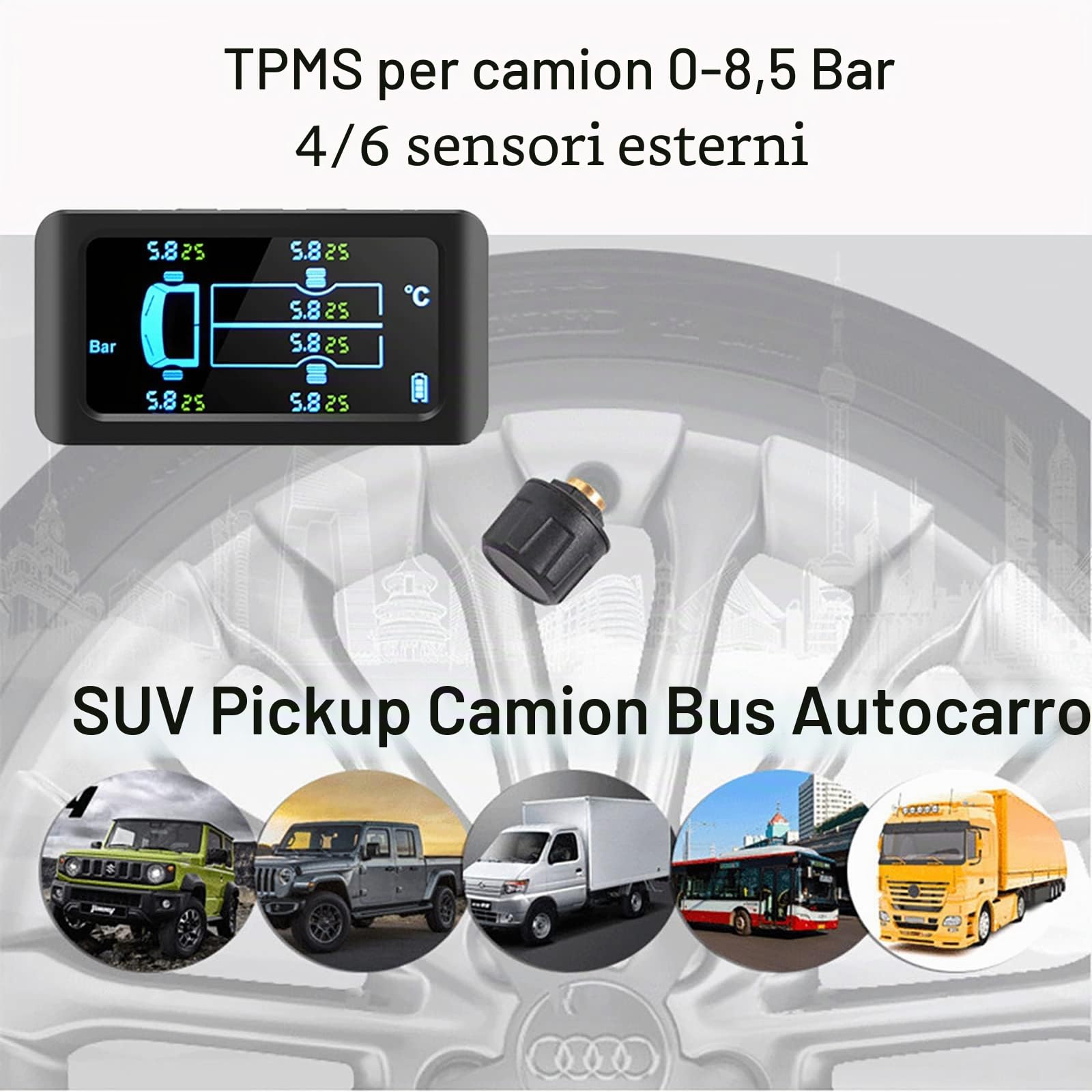 TPMS Universale TPMS Con Sensori 4/6 Sensori Esterni 8,5 Bar Monitoraggio Della Pressione Dei Pneumatici Monitor Di Ricarica Solare TPMS Sensore Di Pressione Dei Pneumatici TPMS,6 wheels,14.5bar