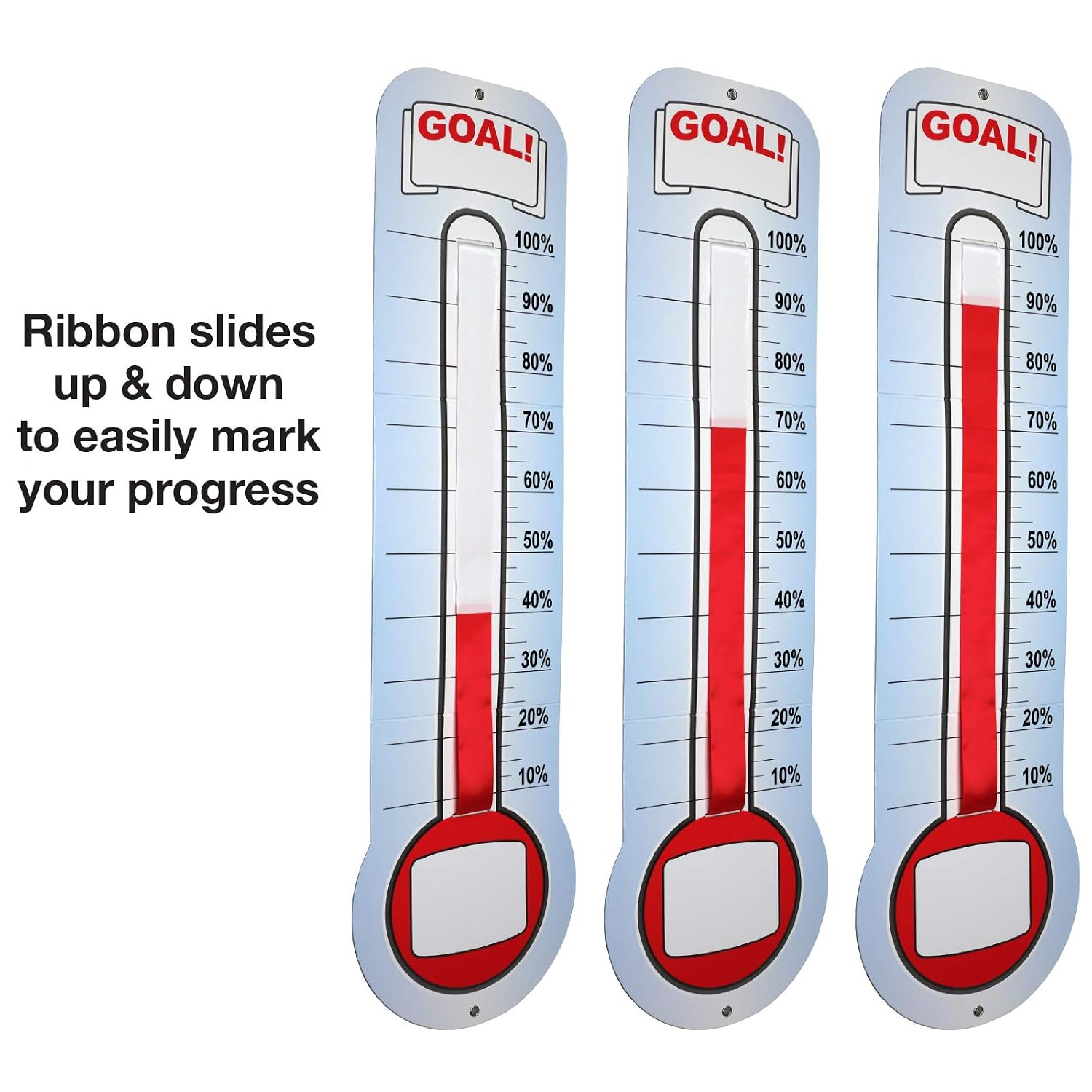 Condition photo showing New/Like New for global printed products fundraising thermometer chart goal tracker | dry erase goal setting wall mounted thermometer | giant sales goal board with pull-through ribbon progress tracker (46" x 12")