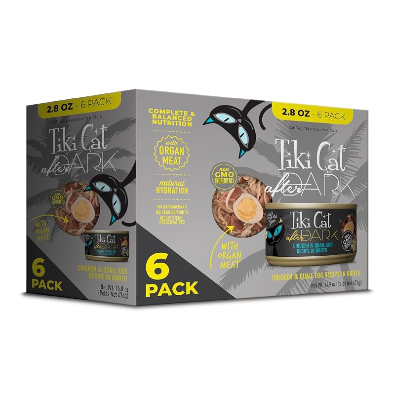 Ração úmida para gatos Tiki Cat After Dark com frango e ovo de codorna, pacote com 6 latas de 79 g
