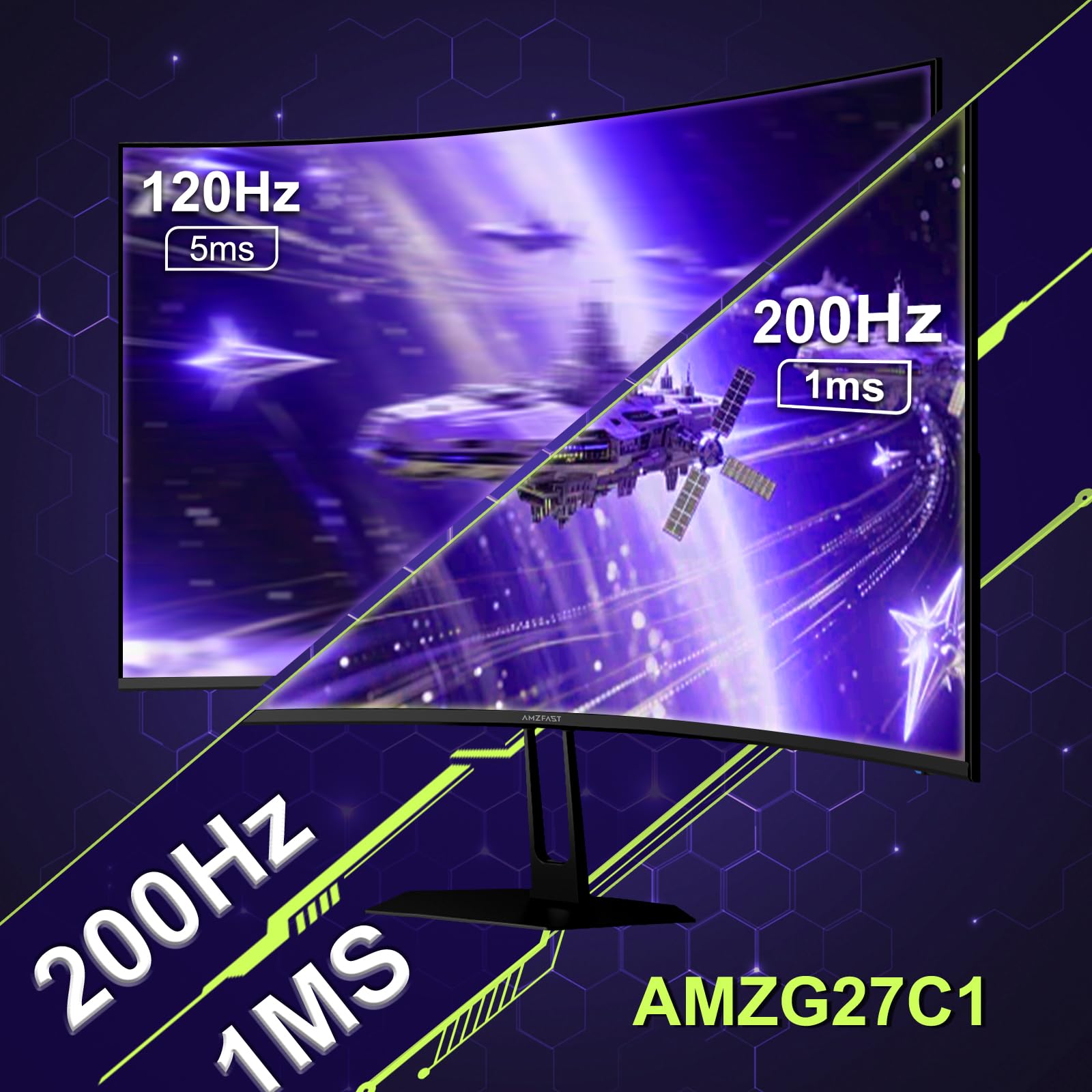 Amzfast Monitor da gioco curvo da 27 pollici, 200 Hz, monitor per computer FHD 1080p con altoparlanti integrati, MPRT da 1 ms con pannello VA veloce | 130% sRGB, 3000: 1.1500R | 12 mesi di garanzia