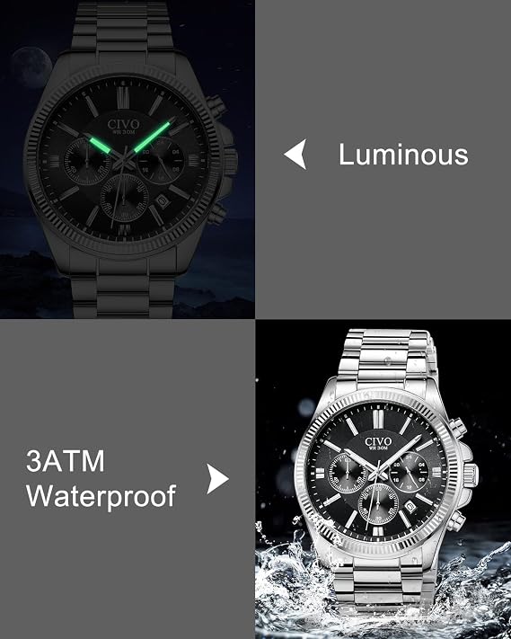 CIVO Watches Men Stainless Steel: Chronograph Quartz Waterproof Date Dress | Stylish Analog Large Face Wrist Watch with Luminous Hands for Business Men Daily Wear Casual - Gift for Father Husband